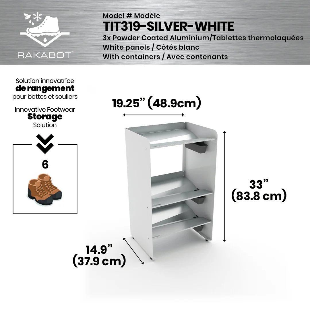 Commercial Boot Rack 19" wide - Rustproof Channeling Water Into Containers 2 to 8 Shelves Rakabot Titan - Image 11