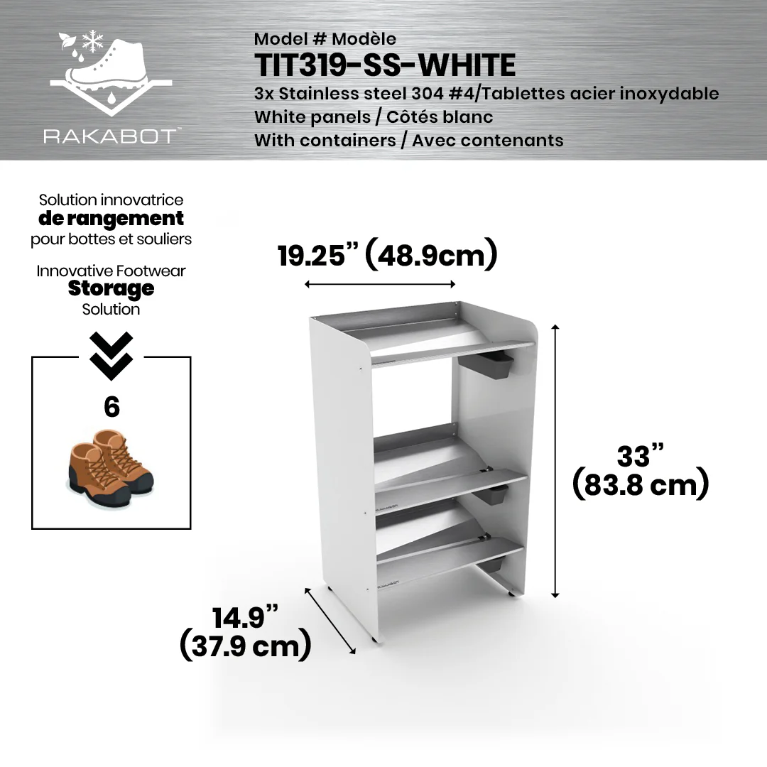 Commercial Boot Rack 19" wide - Rustproof Channeling Water Into Containers 2 to 8 Shelves Rakabot Titan - Image 13