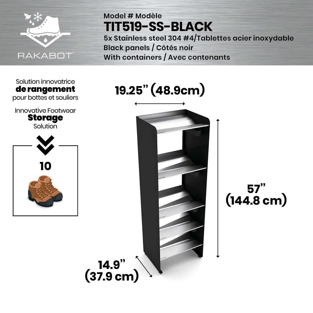 Commercial Boot Rack 19" wide - Rustproof Channeling Water Into Containers 2 to 8 Shelves Rakabot Titan - Image 20