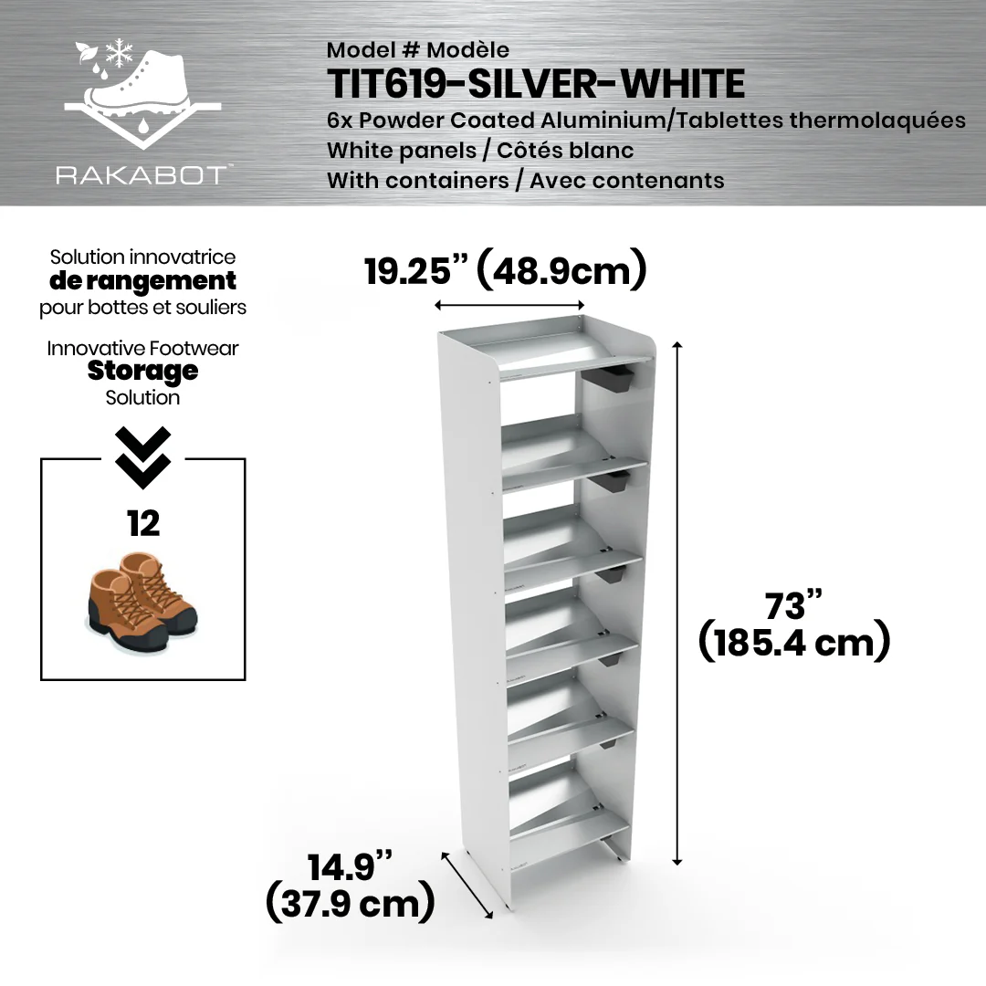 Commercial Boot Rack 19" wide - Rustproof Channeling Water Into Containers 2 to 8 Shelves Rakabot Titan - Image 23