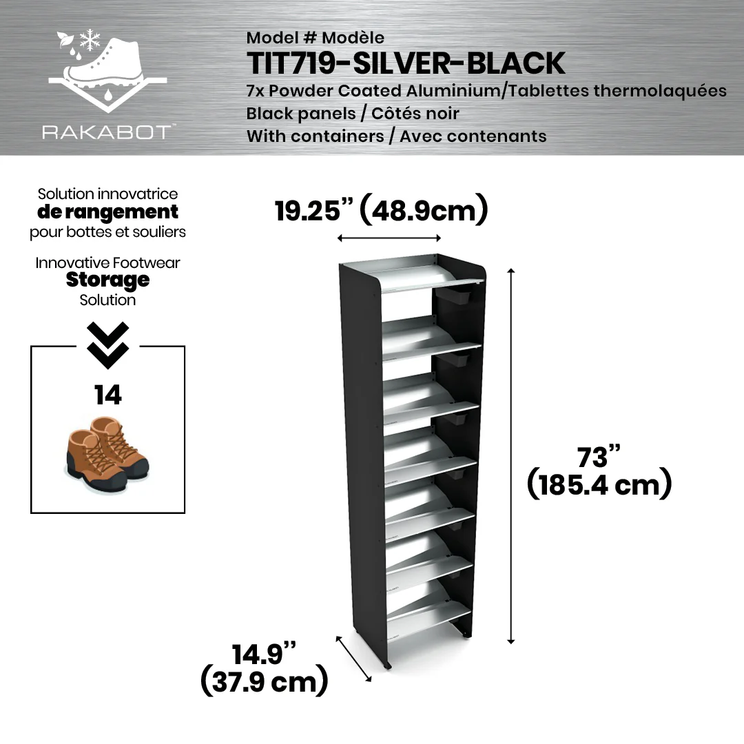 Commercial Boot Rack 19" wide - Rustproof Channeling Water Into Containers 2 to 8 Shelves Rakabot Titan - Image 26