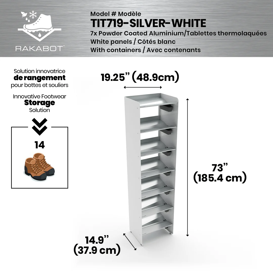 Commercial Boot Rack 19" wide - Rustproof Channeling Water Into Containers 2 to 8 Shelves Rakabot Titan - Image 27