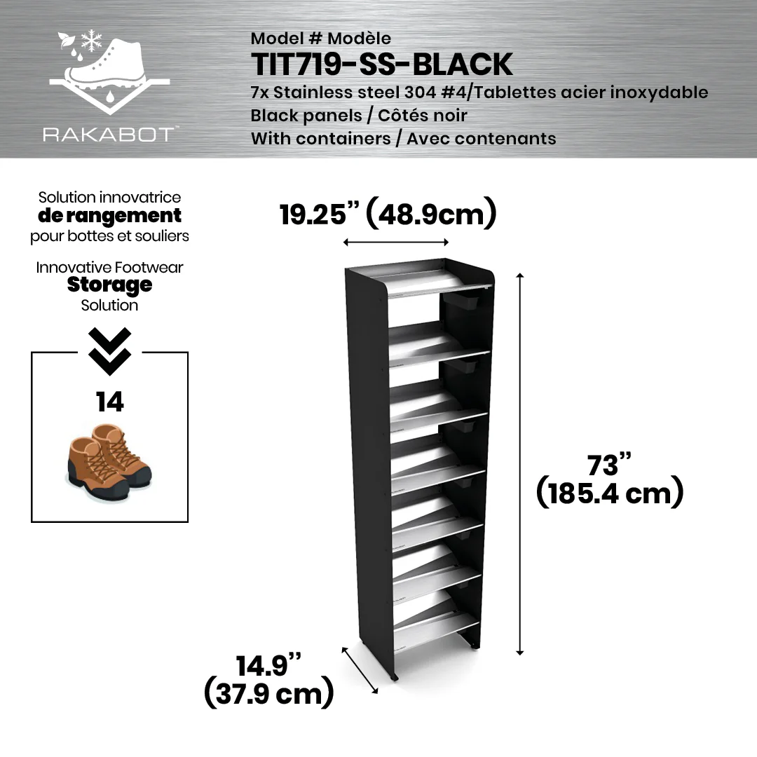 Commercial Boot Rack 19" wide - Rustproof Channeling Water Into Containers 2 to 8 Shelves Rakabot Titan - Image 28