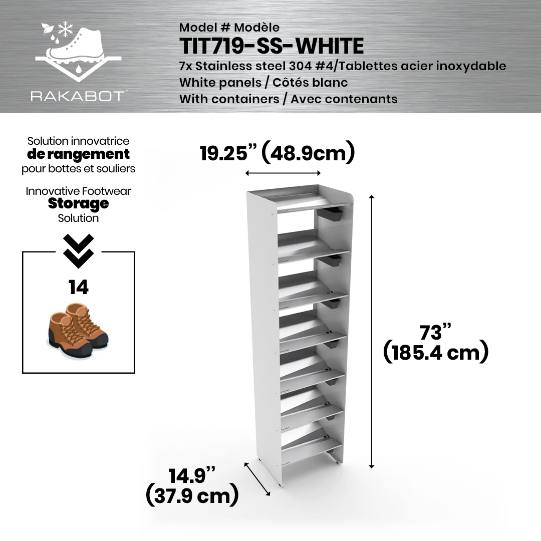 Commercial Boot Rack 19" wide - Rustproof Channeling Water Into Containers 2 to 8 Shelves Rakabot Titan - Image 29
