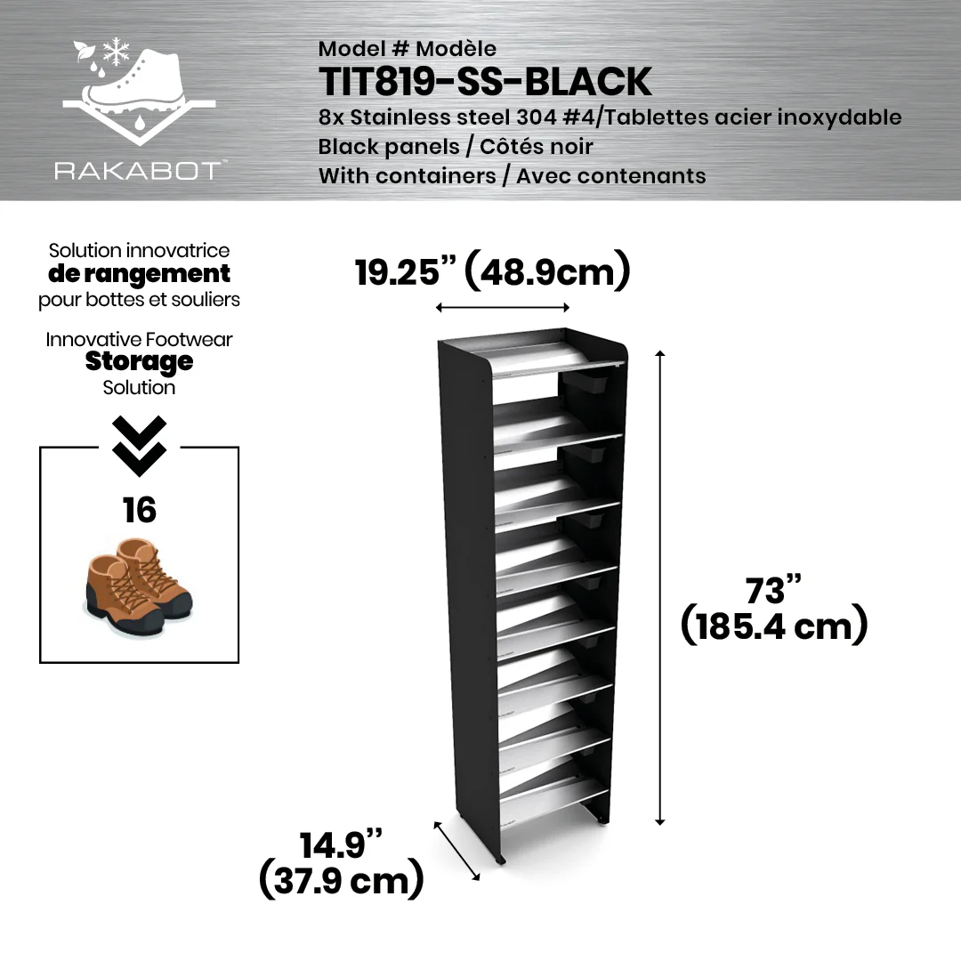 Commercial Boot Rack 19" wide - Rustproof Channeling Water Into Containers 2 to 8 Shelves Rakabot Titan - Image 32