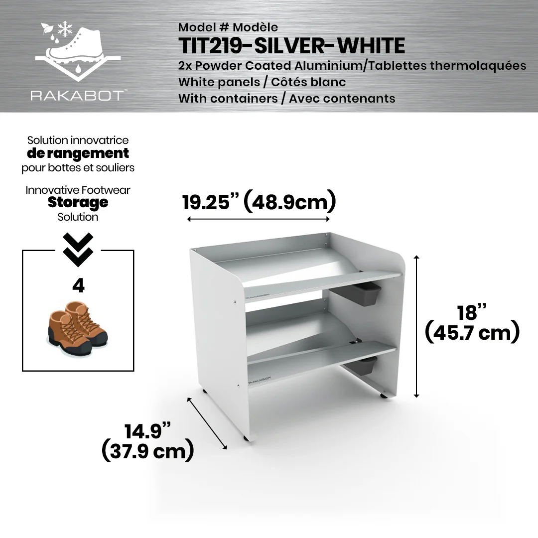 Commercial Boot Rack 19" wide - Rustproof Channeling Water Into Containers 2 to 8 Shelves Rakabot Titan - Image 7