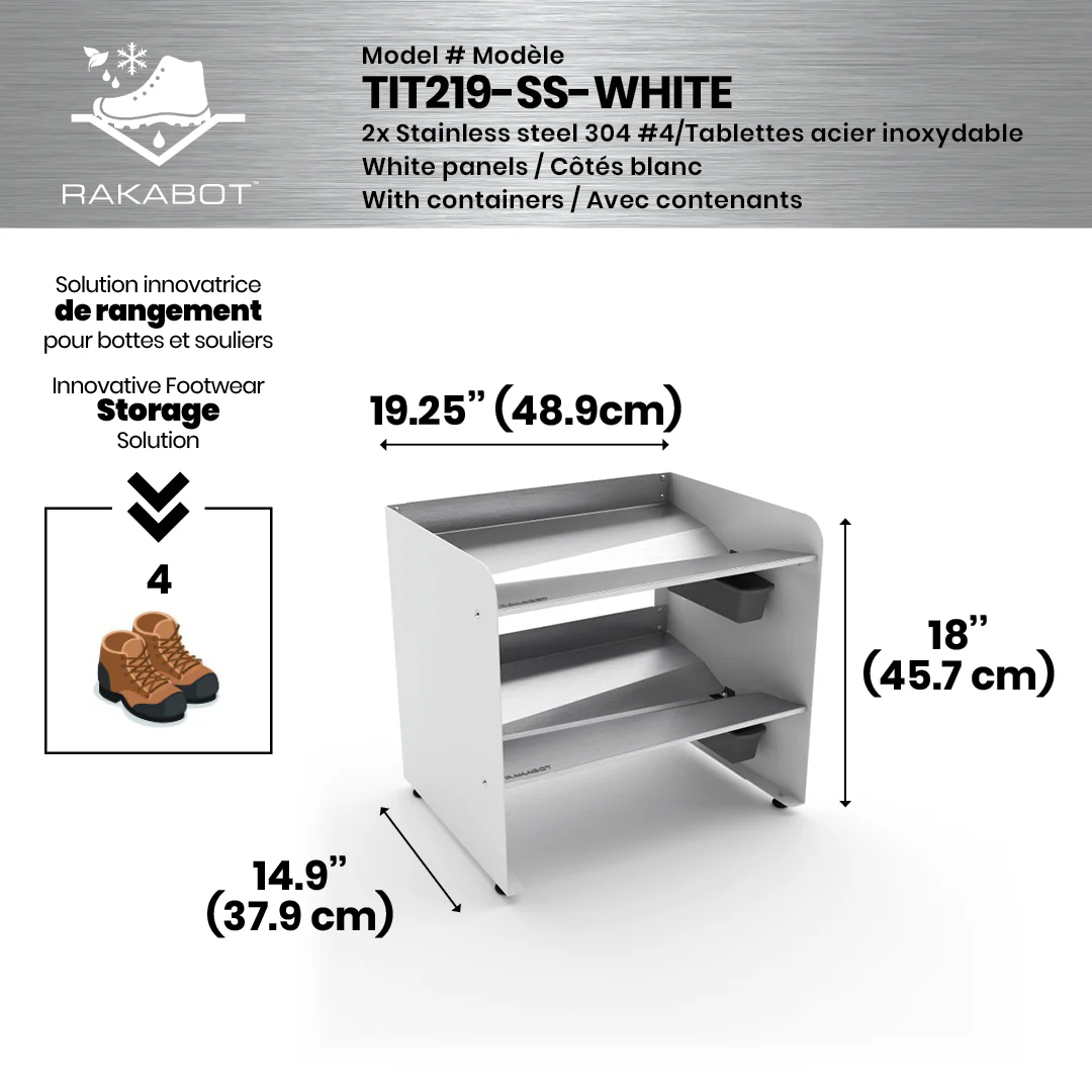 Commercial Boot Rack 19" wide - Rustproof Channeling Water Into Containers 2 to 8 Shelves Rakabot Titan - Image 9