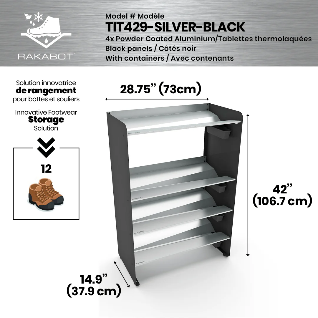 Commercial Boot Rack 29" wide - Rustproof Channeling Water Into Containers 2 to 8 Shelves Rakabot Titan - Image 14