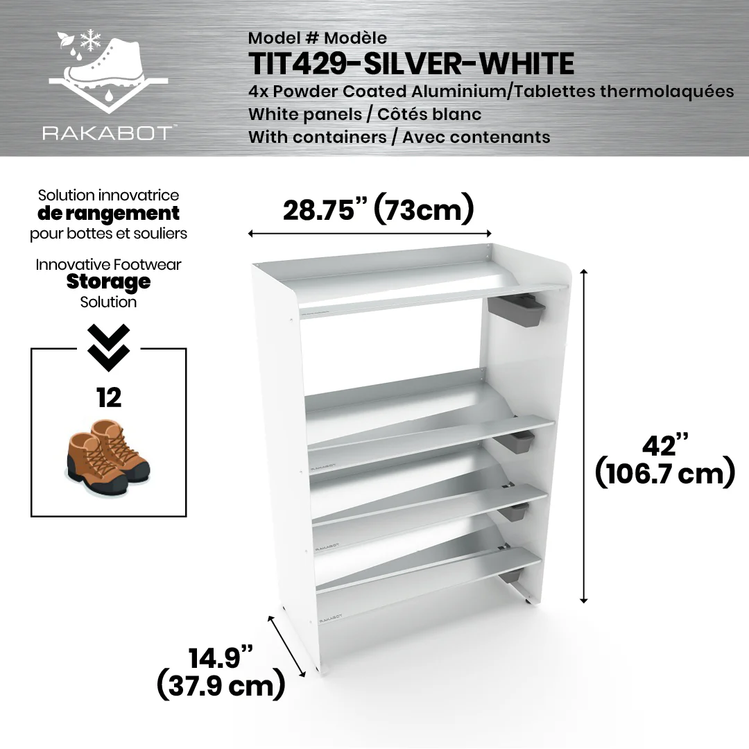 Commercial Boot Rack 29" wide - Rustproof Channeling Water Into Containers 2 to 8 Shelves Rakabot Titan - Image 15