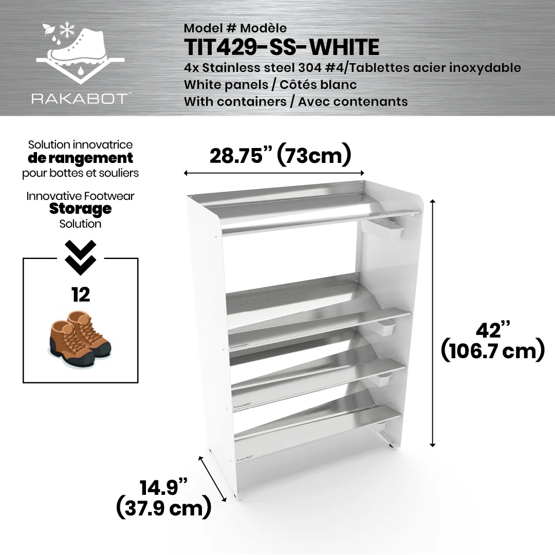 Commercial Boot Rack 29" wide - Rustproof Channeling Water Into Containers 2 to 8 Shelves Rakabot Titan - Image 17