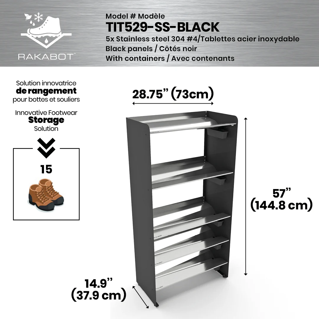 Commercial Boot Rack 29" wide - Rustproof Channeling Water Into Containers 2 to 8 Shelves Rakabot Titan - Image 20