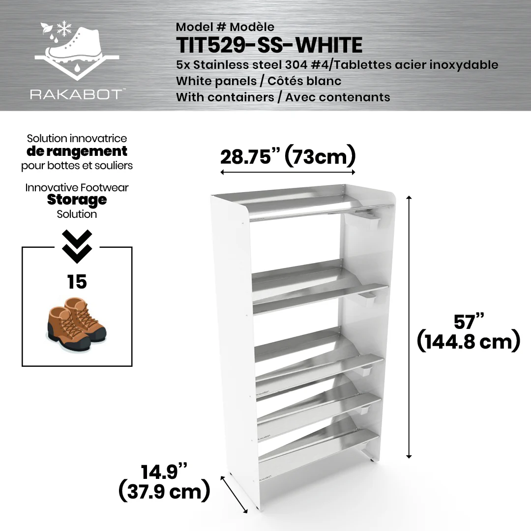Commercial Boot Rack 29" wide - Rustproof Channeling Water Into Containers 2 to 8 Shelves Rakabot Titan - Image 21