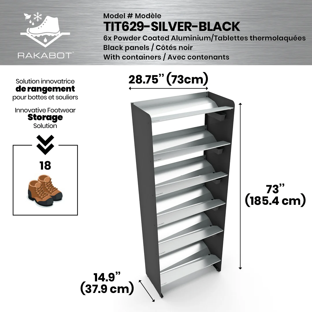 Commercial Boot Rack 29" wide - Rustproof Channeling Water Into Containers 2 to 8 Shelves Rakabot Titan - Image 22