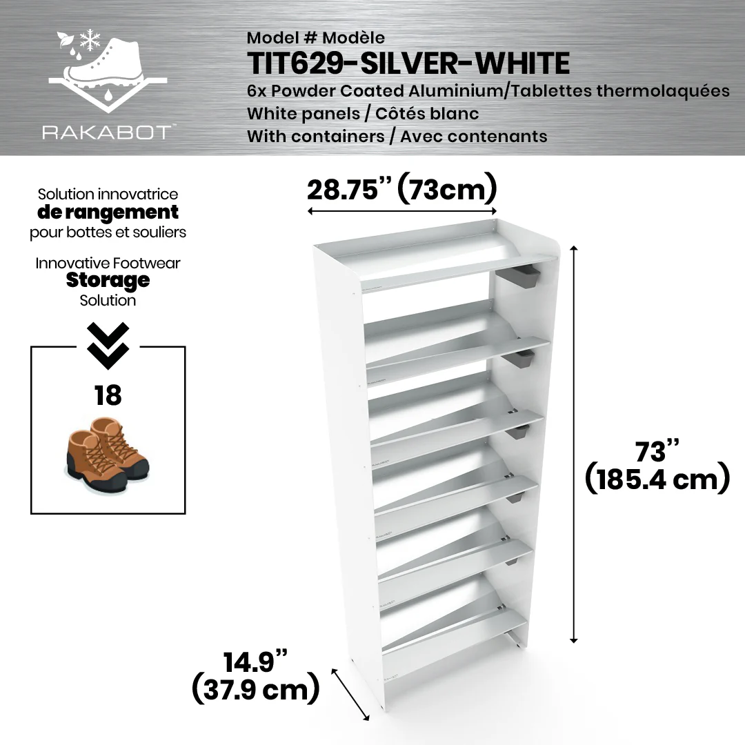 Commercial Boot Rack 29" wide - Rustproof Channeling Water Into Containers 2 to 8 Shelves Rakabot Titan - Image 23