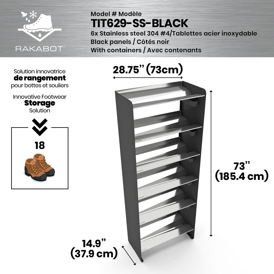 Commercial Boot Rack 29" wide - Rustproof Channeling Water Into Containers 2 to 8 Shelves Rakabot Titan - Image 24