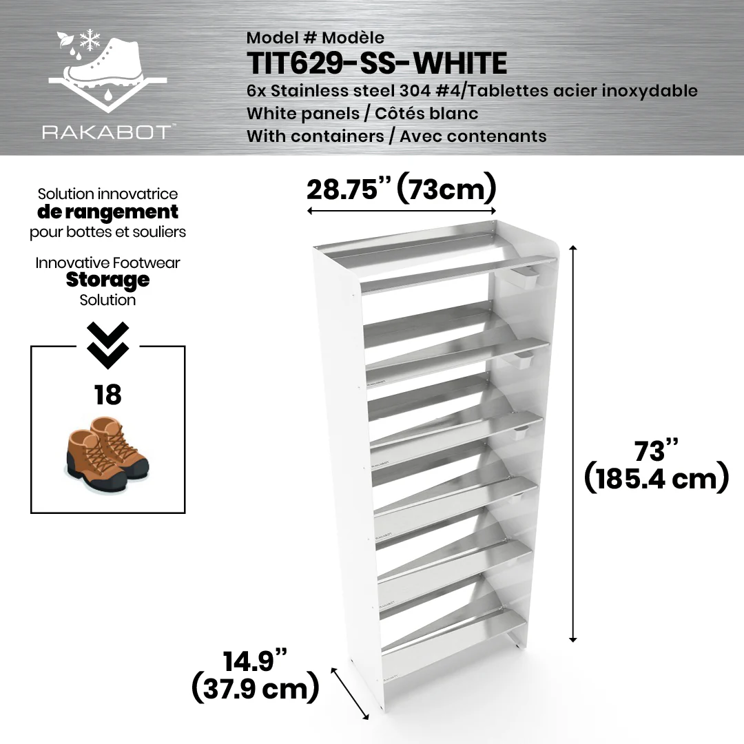 Commercial Boot Rack 29" wide - Rustproof Channeling Water Into Containers 2 to 8 Shelves Rakabot Titan - Image 25