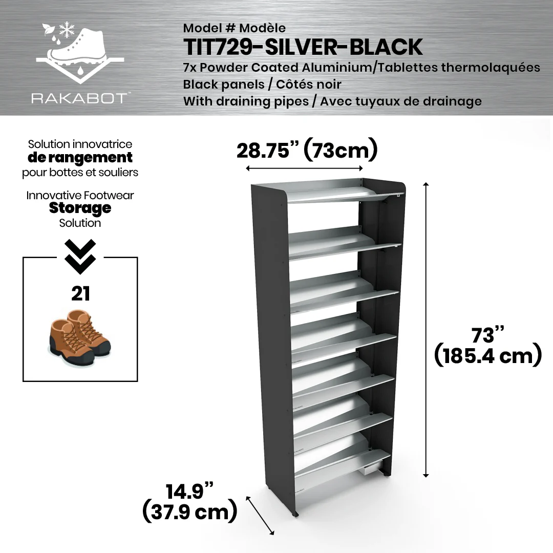 Commercial Boot Rack 29" wide - Rustproof Channeling Water Into Containers 2 to 8 Shelves Rakabot Titan - Image 26