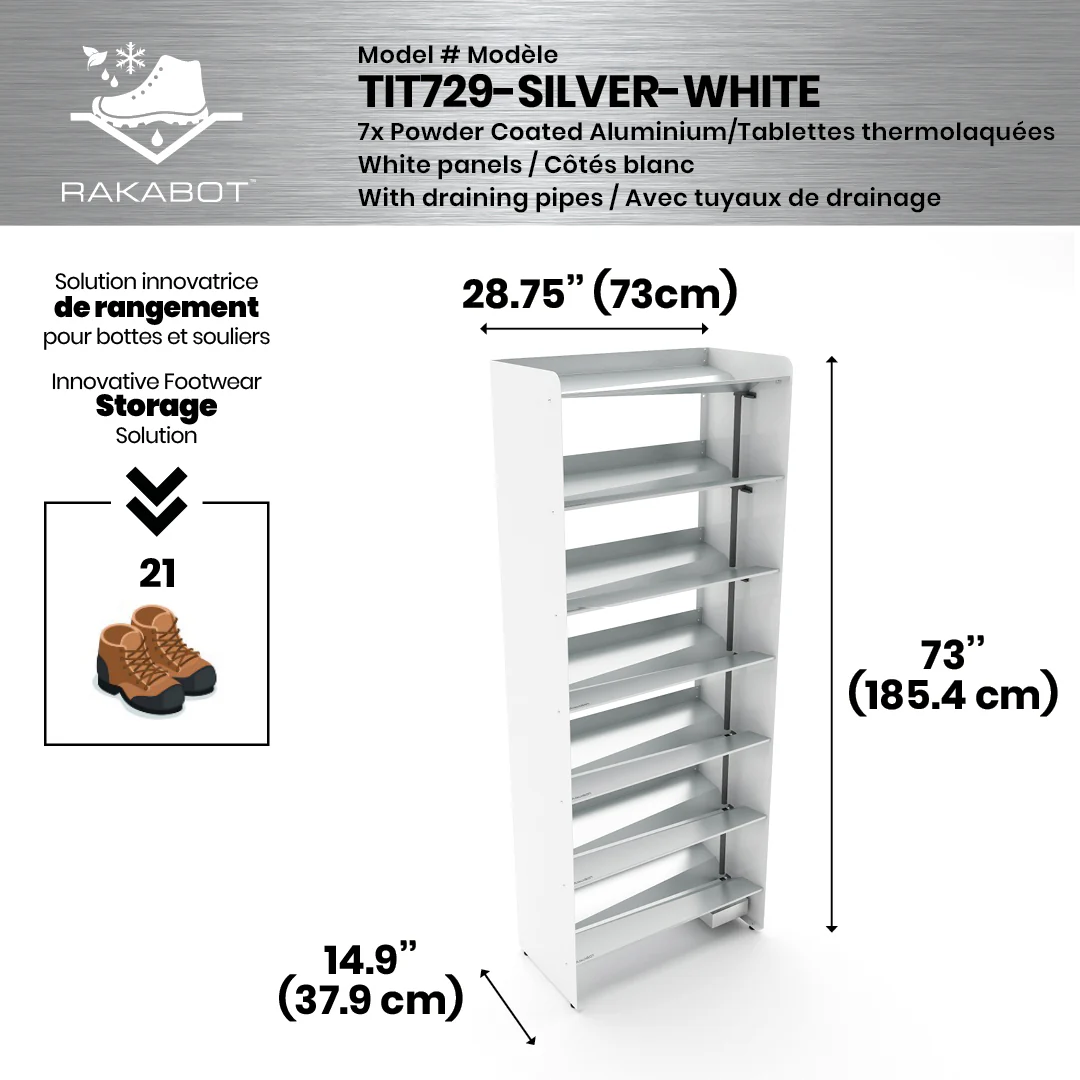 Commercial Boot Rack 29" wide - Rustproof Channeling Water Into Containers 2 to 8 Shelves Rakabot Titan - Image 27