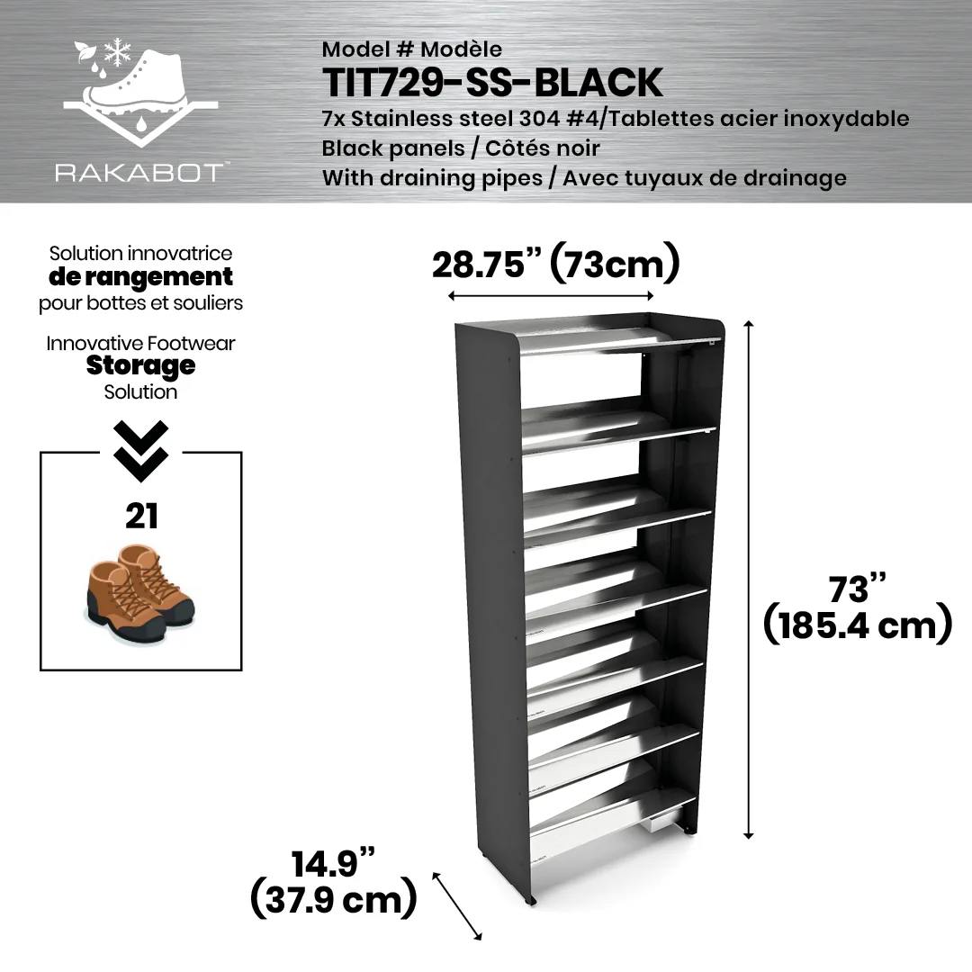 Commercial Boot Rack 29" wide - Rustproof Channeling Water Into Containers 2 to 8 Shelves Rakabot Titan - Image 28