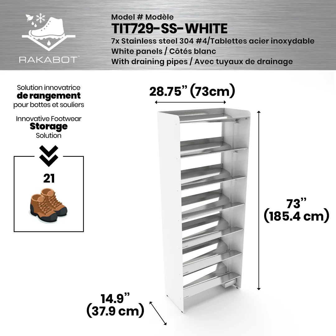 Commercial Boot Rack 29" wide - Rustproof Channeling Water Into Containers 2 to 8 Shelves Rakabot Titan - Image 29