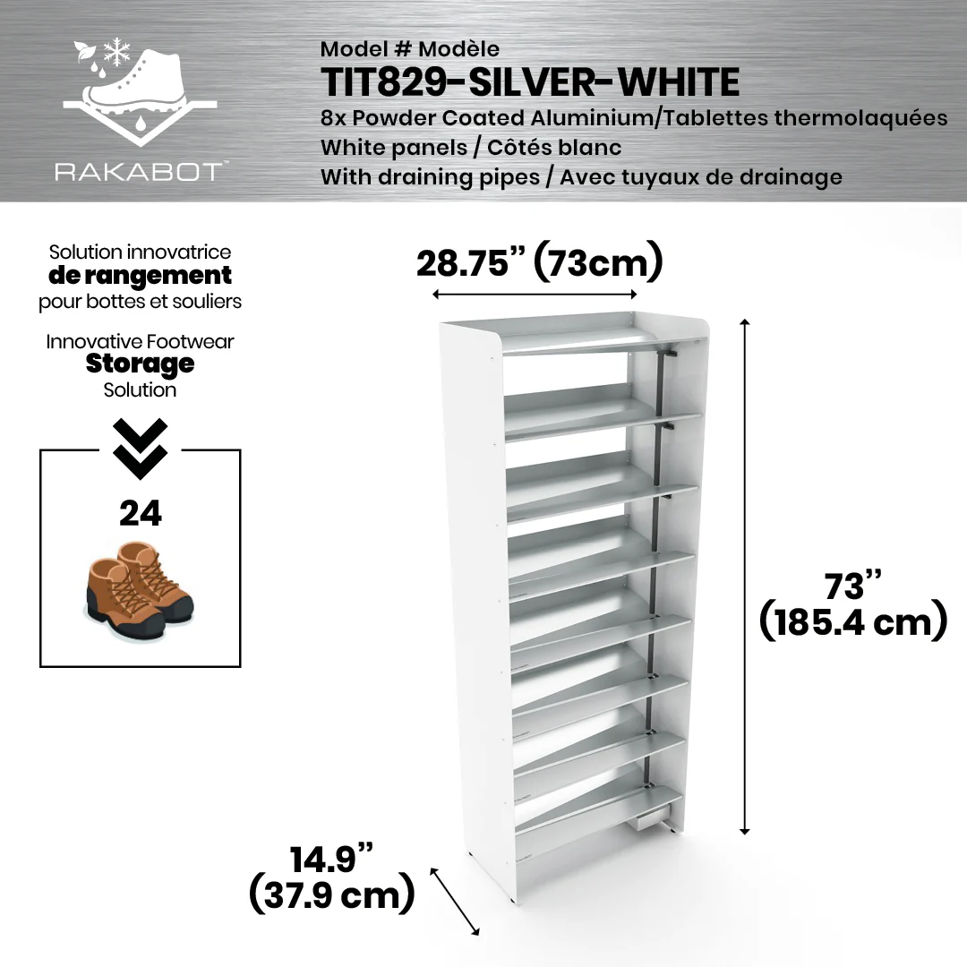 Commercial Boot Rack 29" wide - Rustproof Channeling Water Into Containers 2 to 8 Shelves Rakabot Titan - Image 31