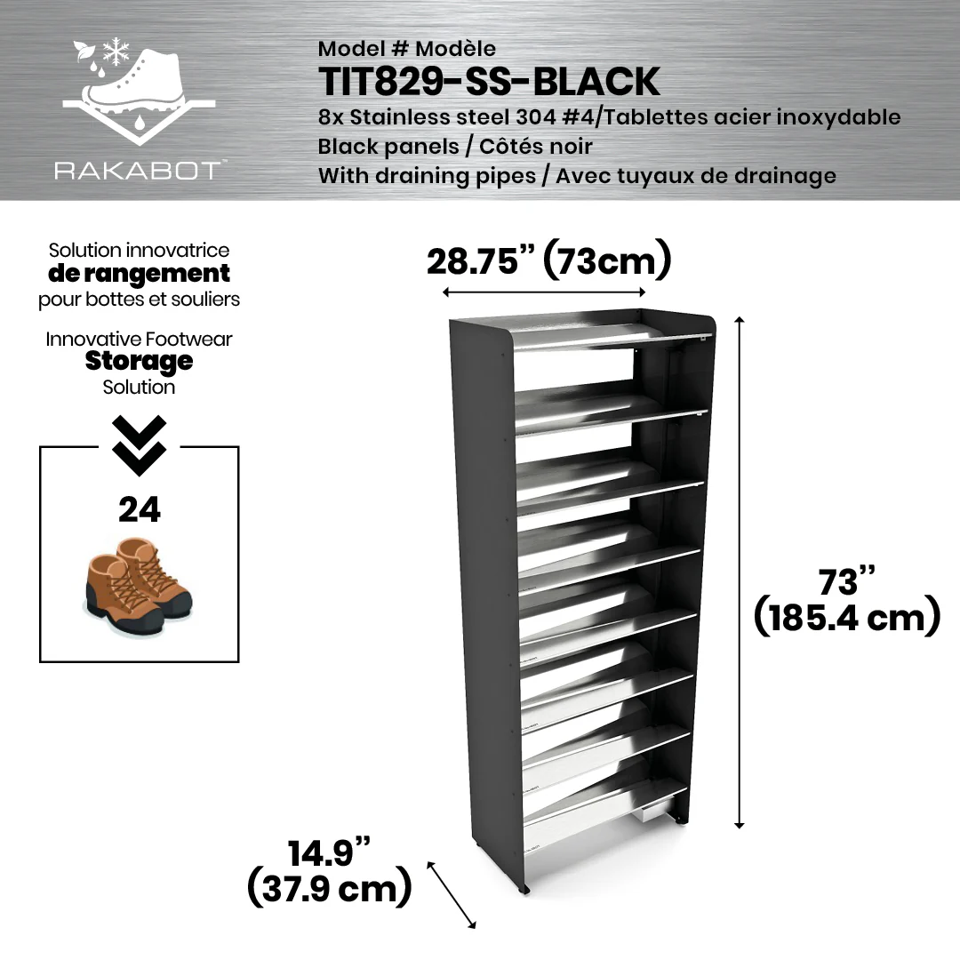 Commercial Boot Rack 29" wide - Rustproof Channeling Water Into Containers 2 to 8 Shelves Rakabot Titan - Image 32