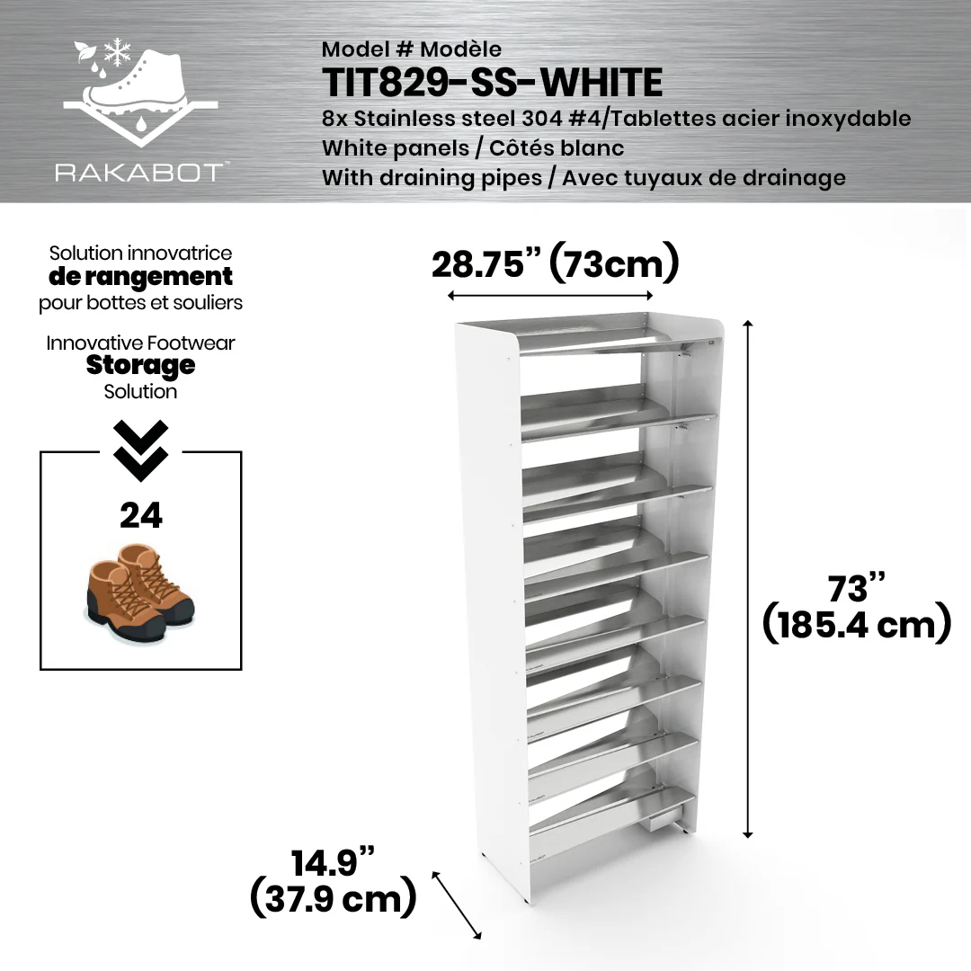 Commercial Boot Rack 29" wide - Rustproof Channeling Water Into Containers 2 to 8 Shelves Rakabot Titan - Image 33