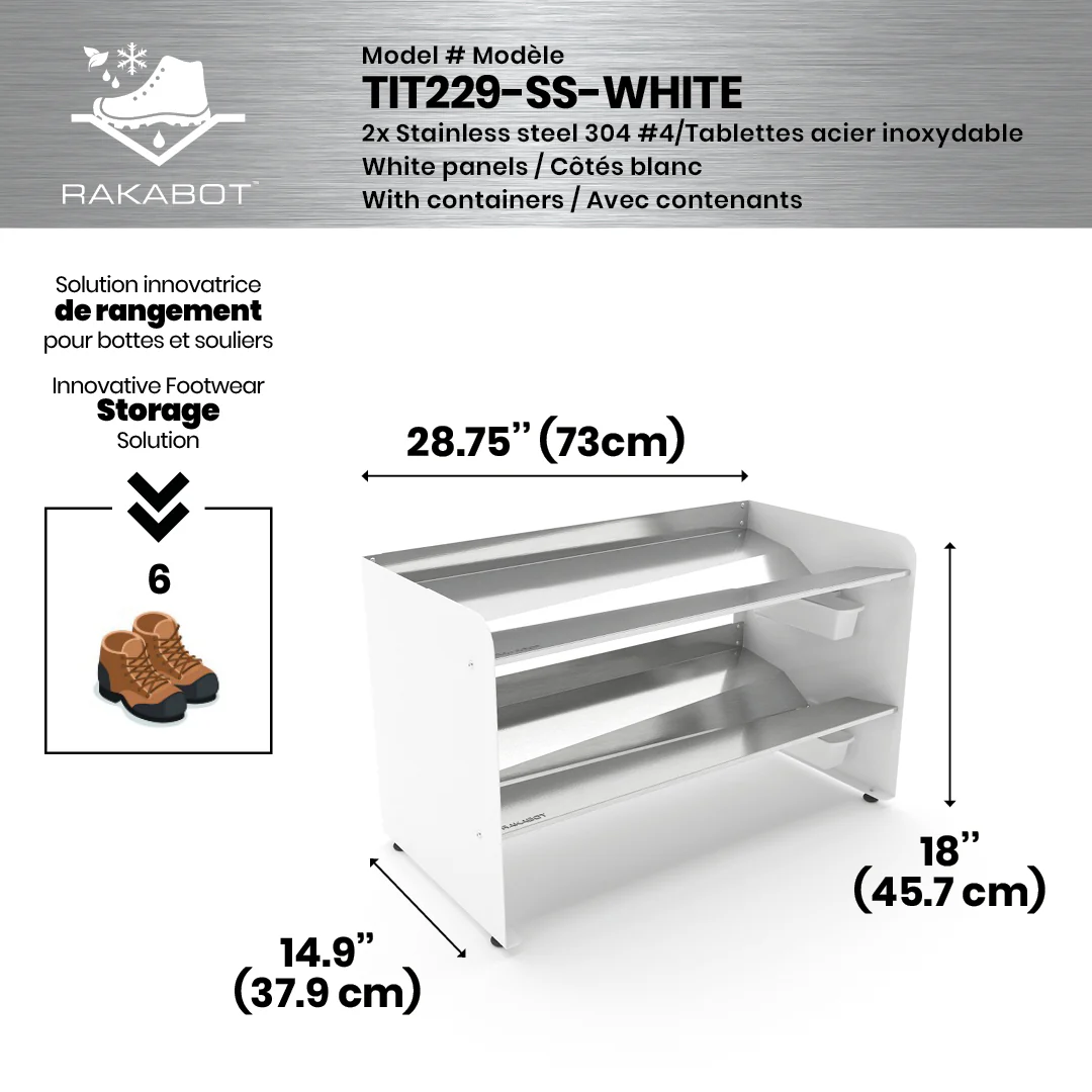 Commercial Boot Rack 29" wide - Rustproof Channeling Water Into Containers 2 to 8 Shelves Rakabot Titan - Image 9