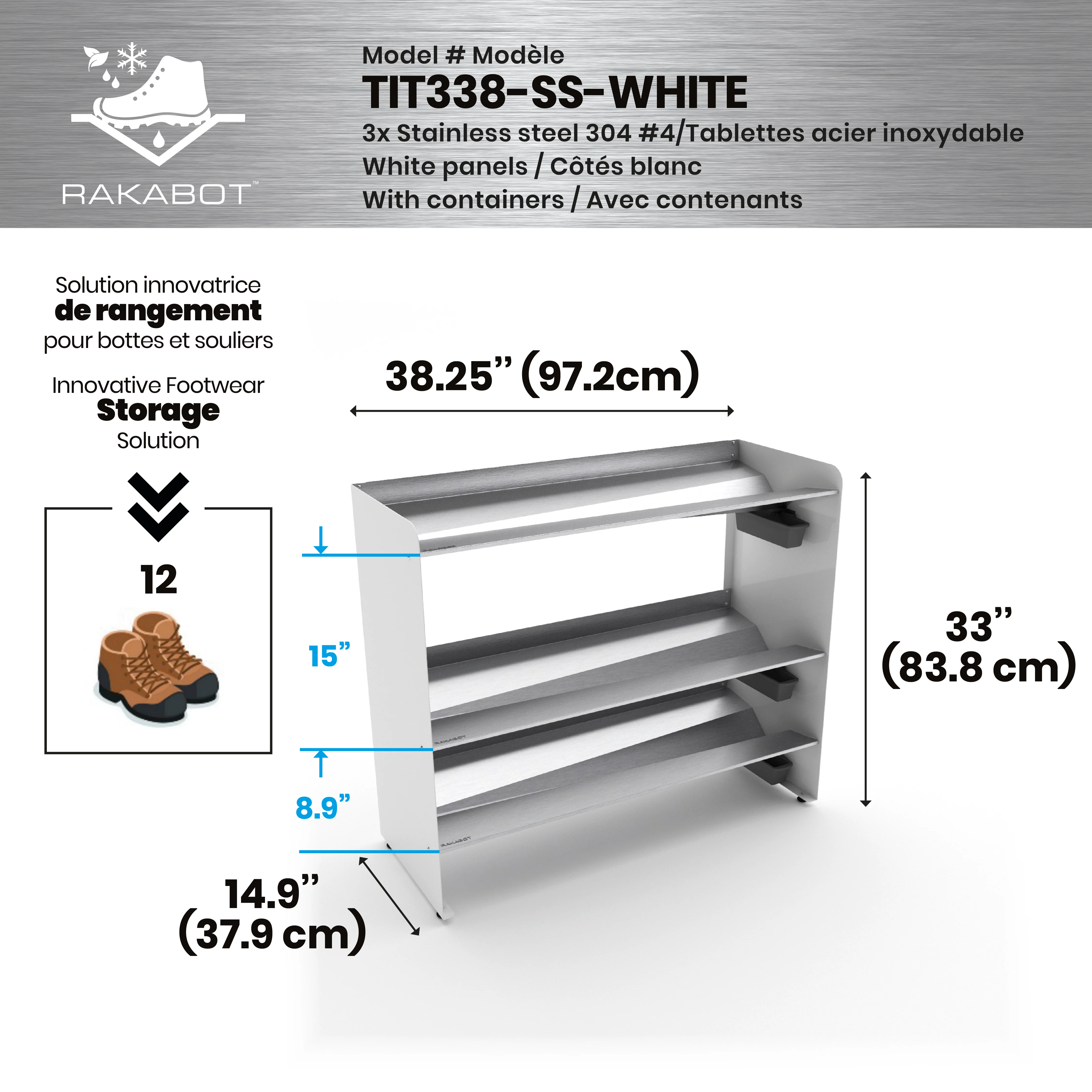 Commercial Boot Rack 38" wide - Rustproof Channeling Water Into Containers 2 to 8 Shelves Rakabot Titan - Image 101