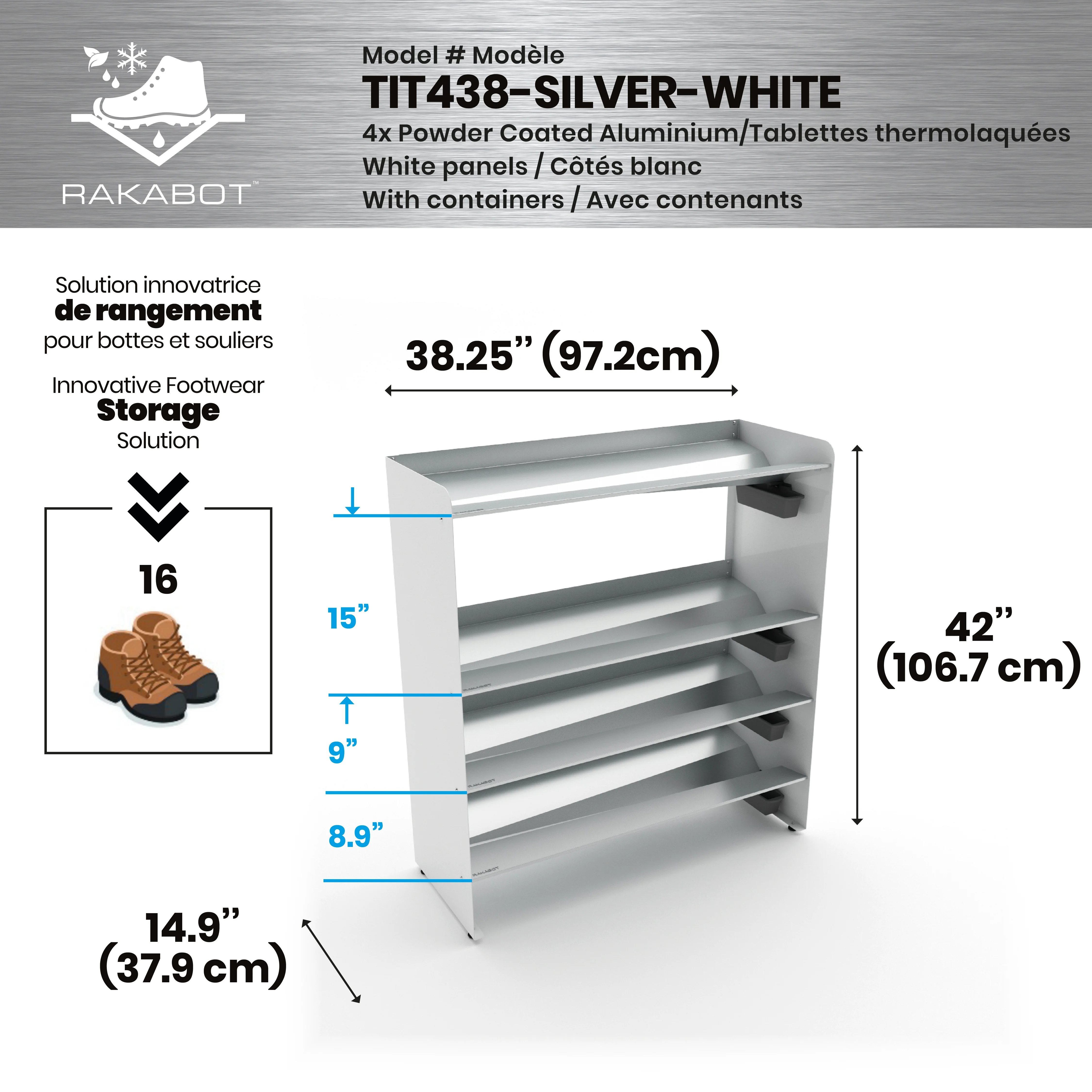 Commercial Boot Rack 38" wide - Rustproof Channeling Water Into Containers 2 to 8 Shelves Rakabot Titan - Image 103