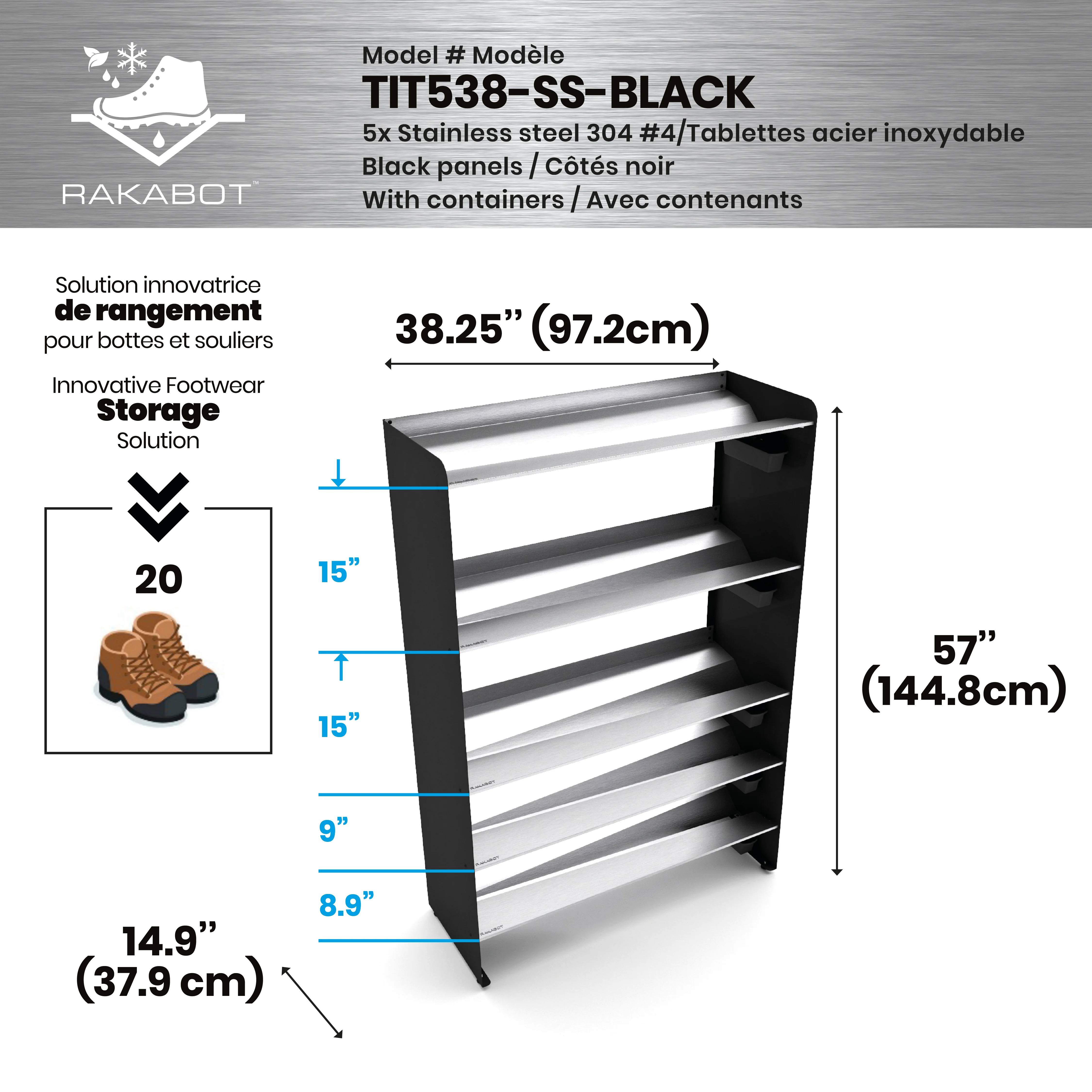 Commercial Boot Rack 38" wide - Rustproof Channeling Water Into Containers 2 to 8 Shelves Rakabot Titan - Image 108