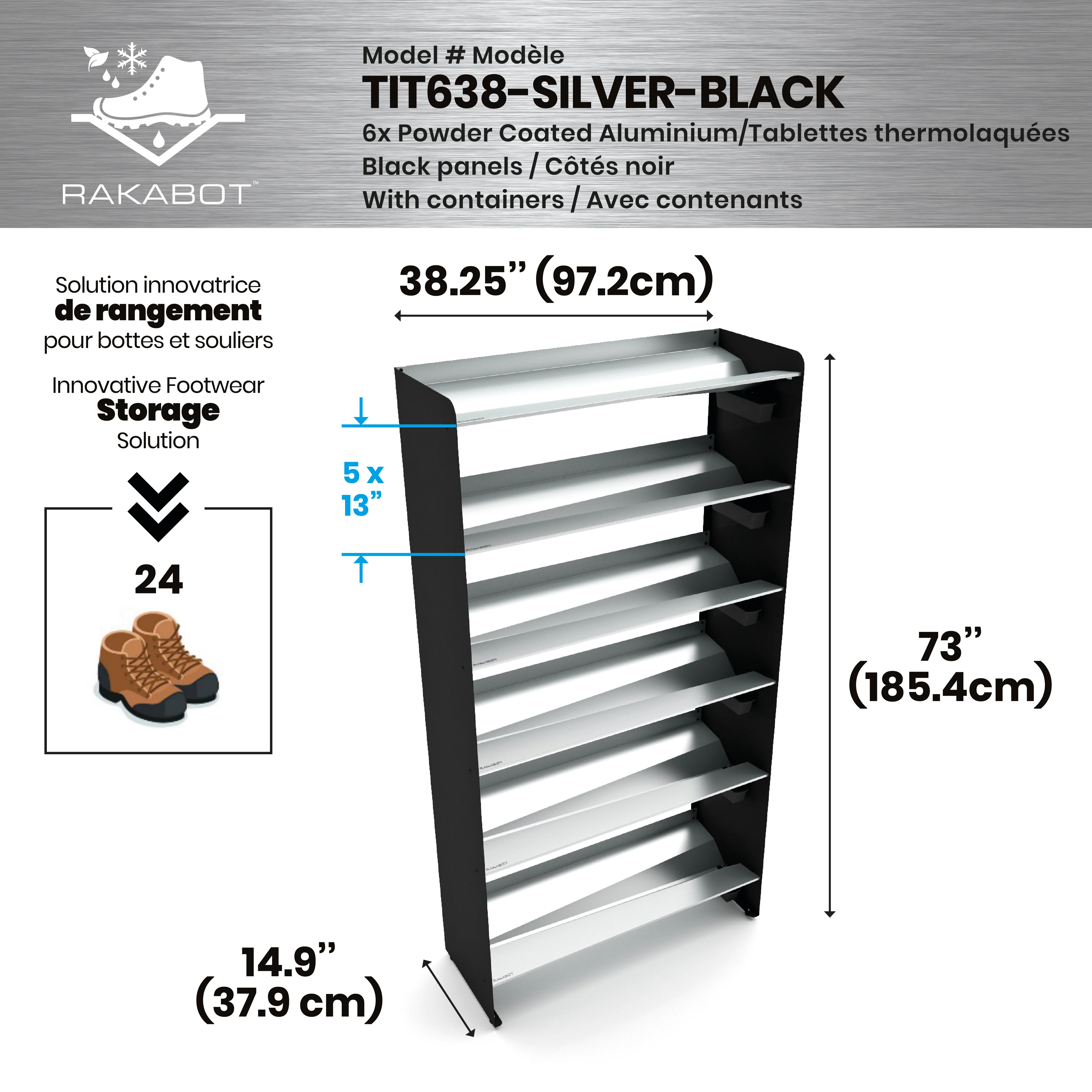 Commercial Boot Rack 38" wide - Rustproof Channeling Water Into Containers 2 to 8 Shelves Rakabot Titan - Image 110