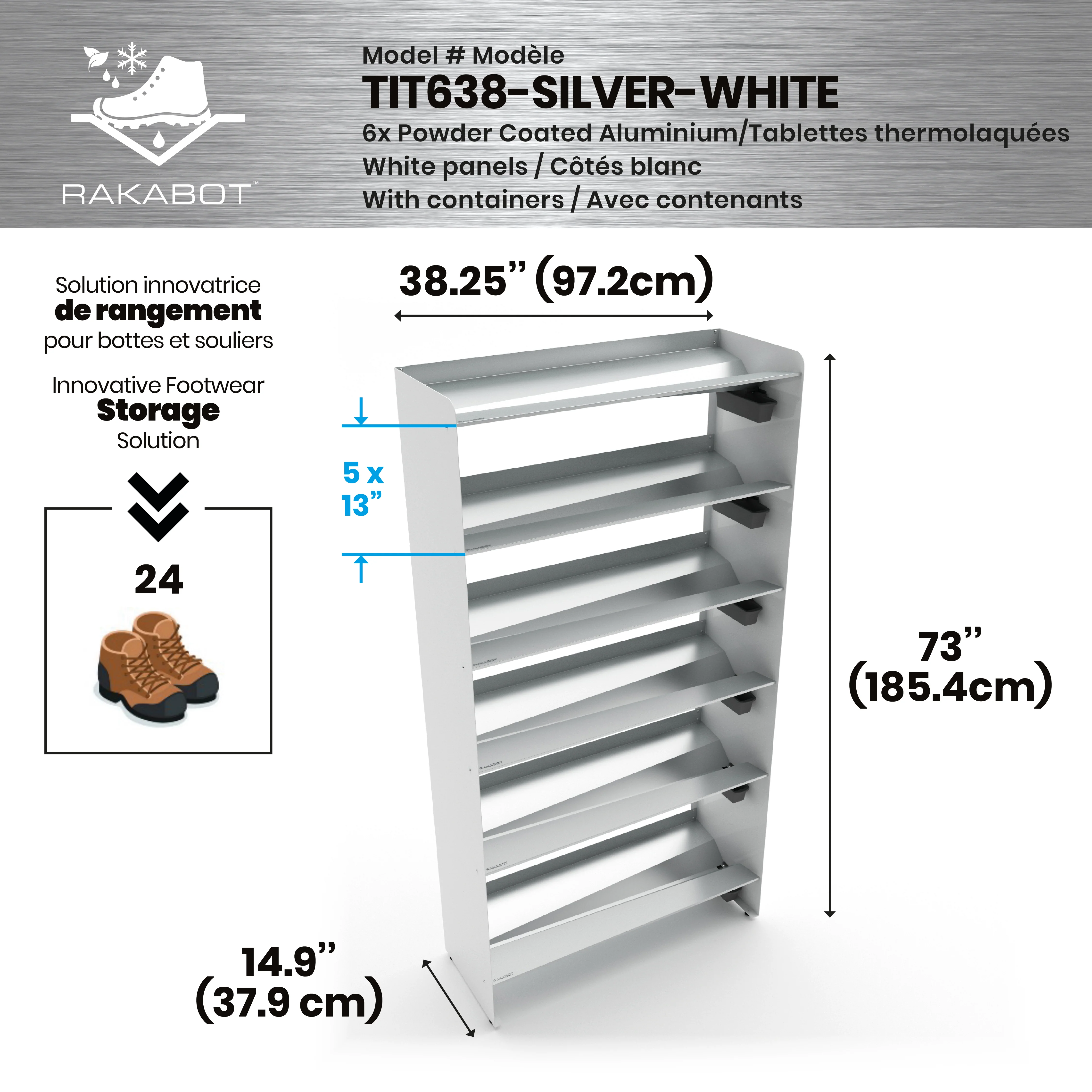 Commercial Boot Rack 38" wide - Rustproof Channeling Water Into Containers 2 to 8 Shelves Rakabot Titan - Image 111