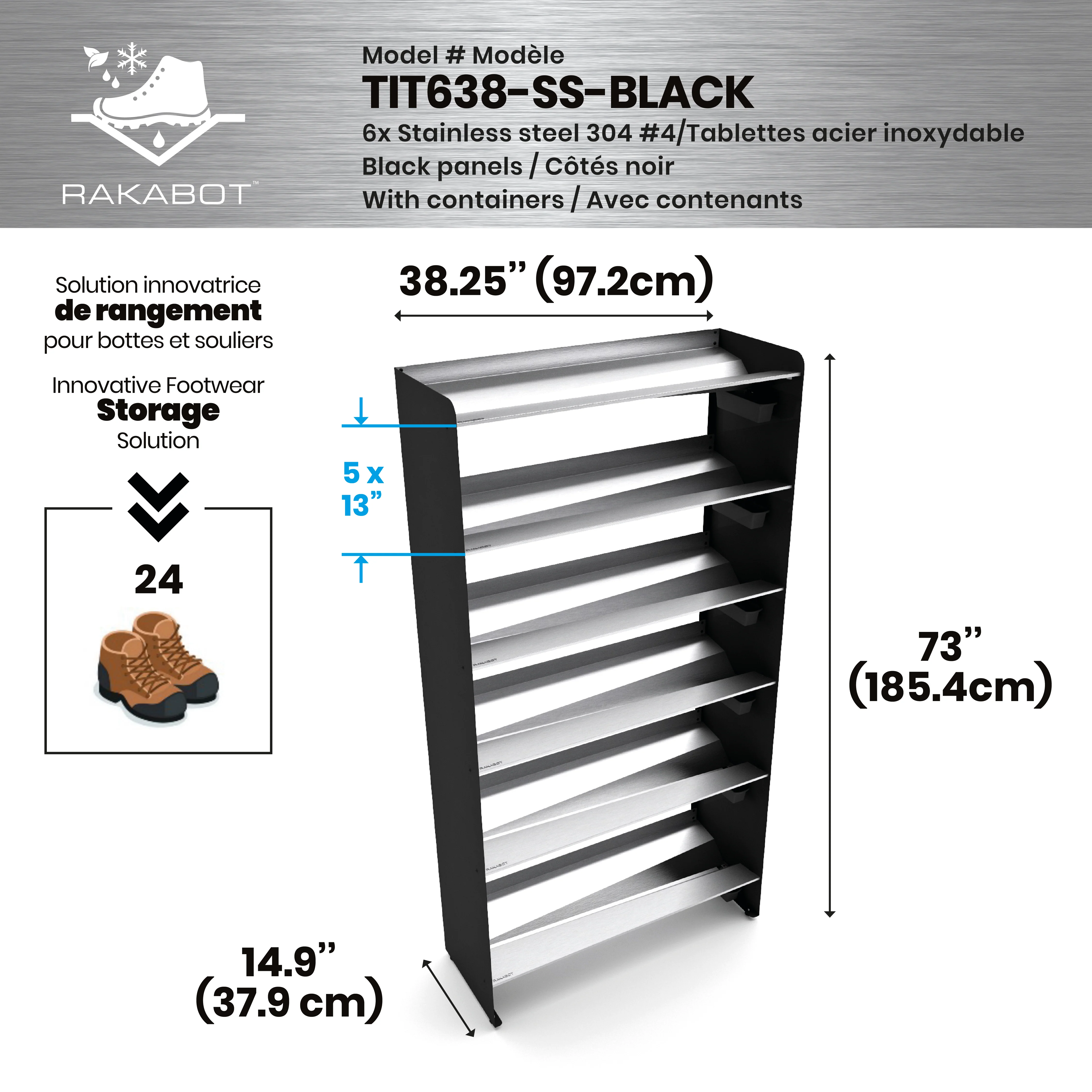 Commercial Boot Rack 38" wide - Rustproof Channeling Water Into Containers 2 to 8 Shelves Rakabot Titan - Image 112