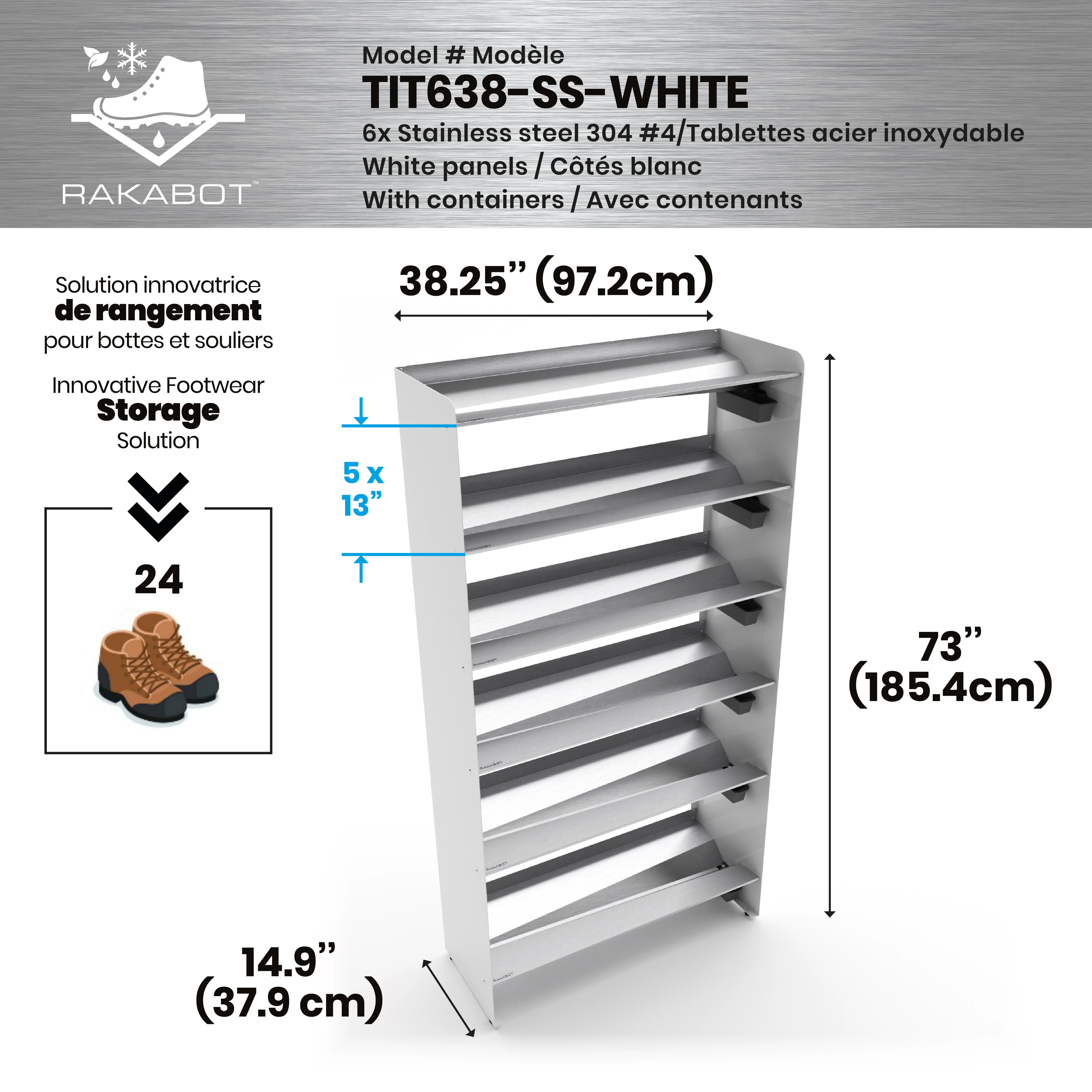 Commercial Boot Rack 38" wide - Rustproof Channeling Water Into Containers 2 to 8 Shelves Rakabot Titan - Image 113