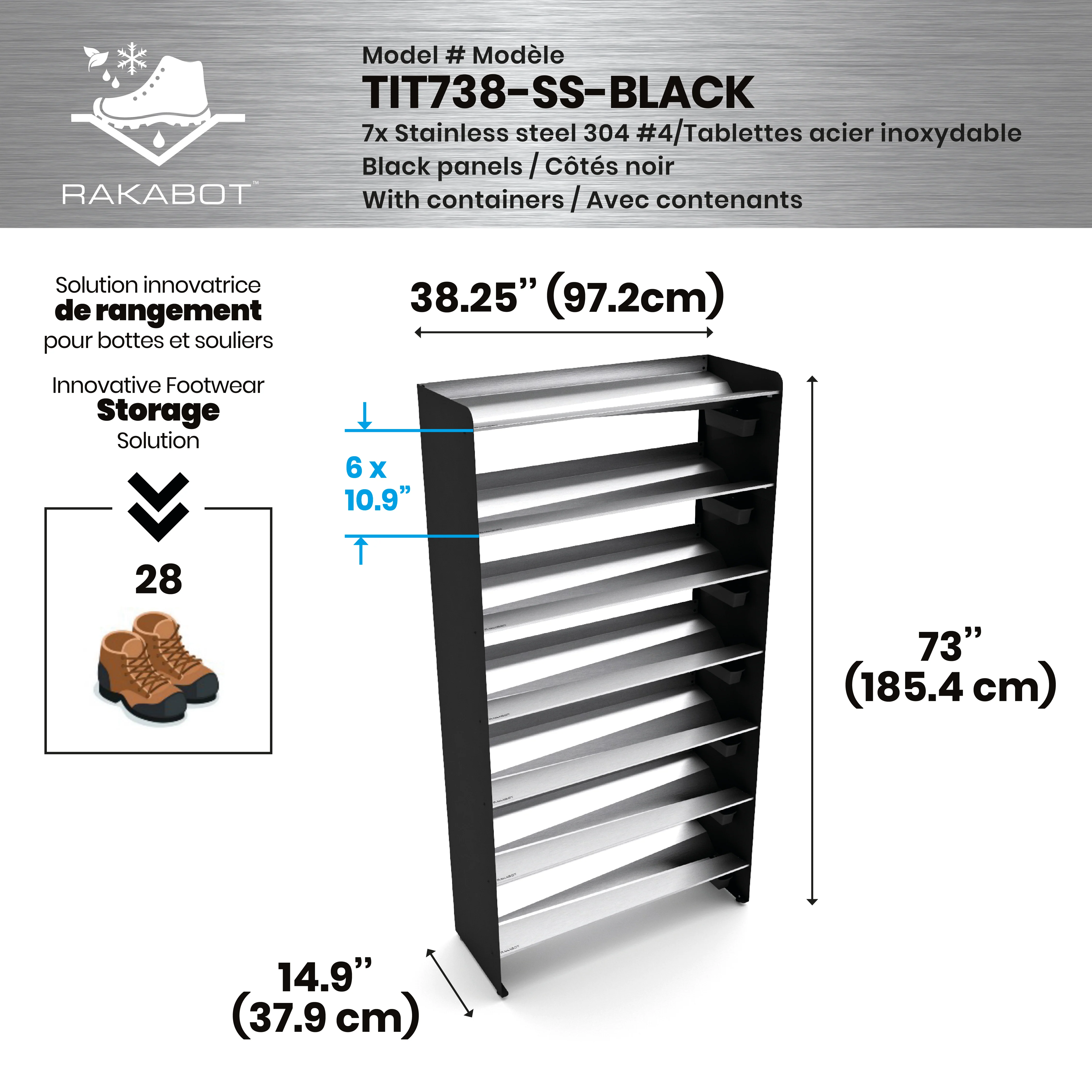 Commercial Boot Rack 38" wide - Rustproof Channeling Water Into Containers 2 to 8 Shelves Rakabot Titan - Image 116