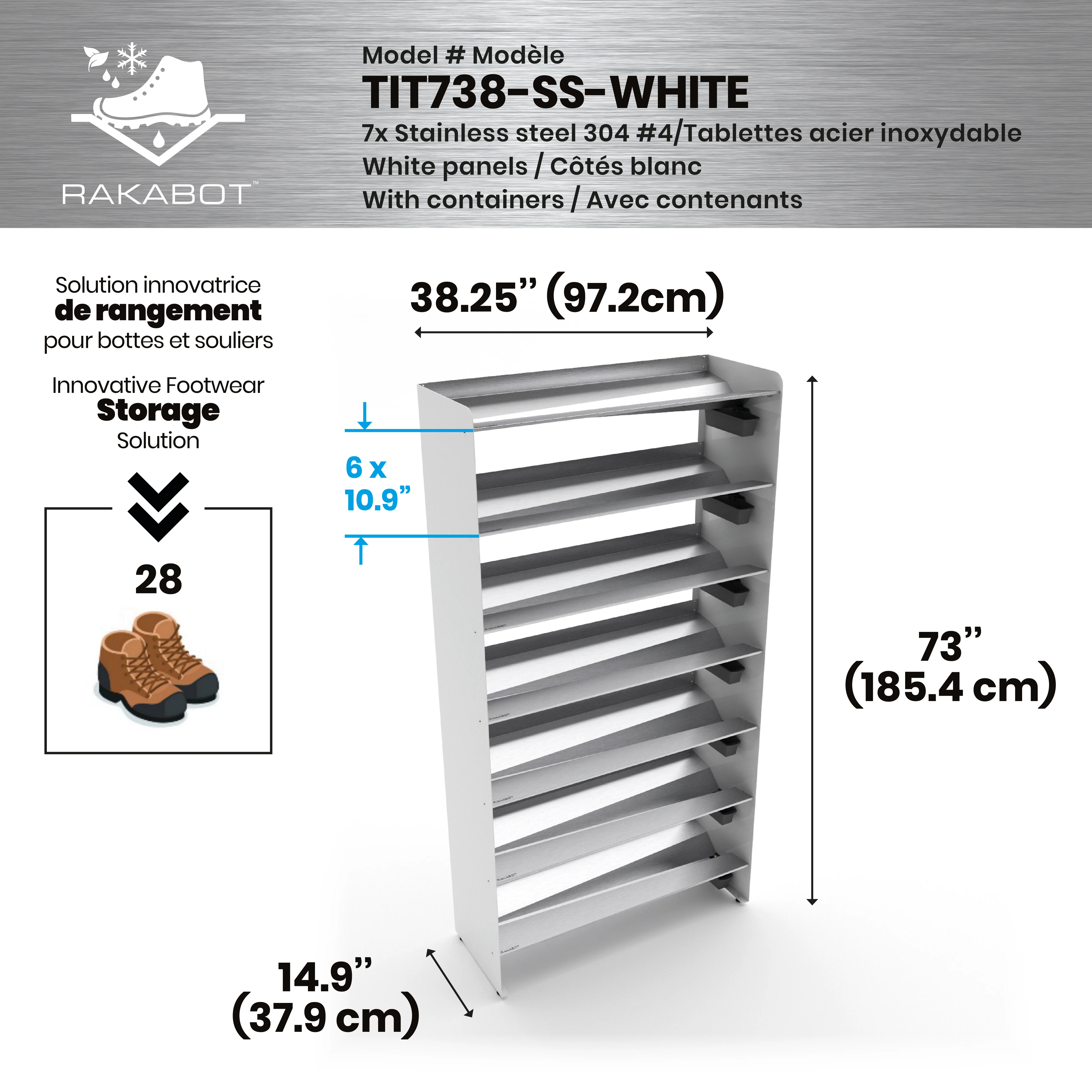 Commercial Boot Rack 38" wide - Rustproof Channeling Water Into Containers 2 to 8 Shelves Rakabot Titan - Image 117