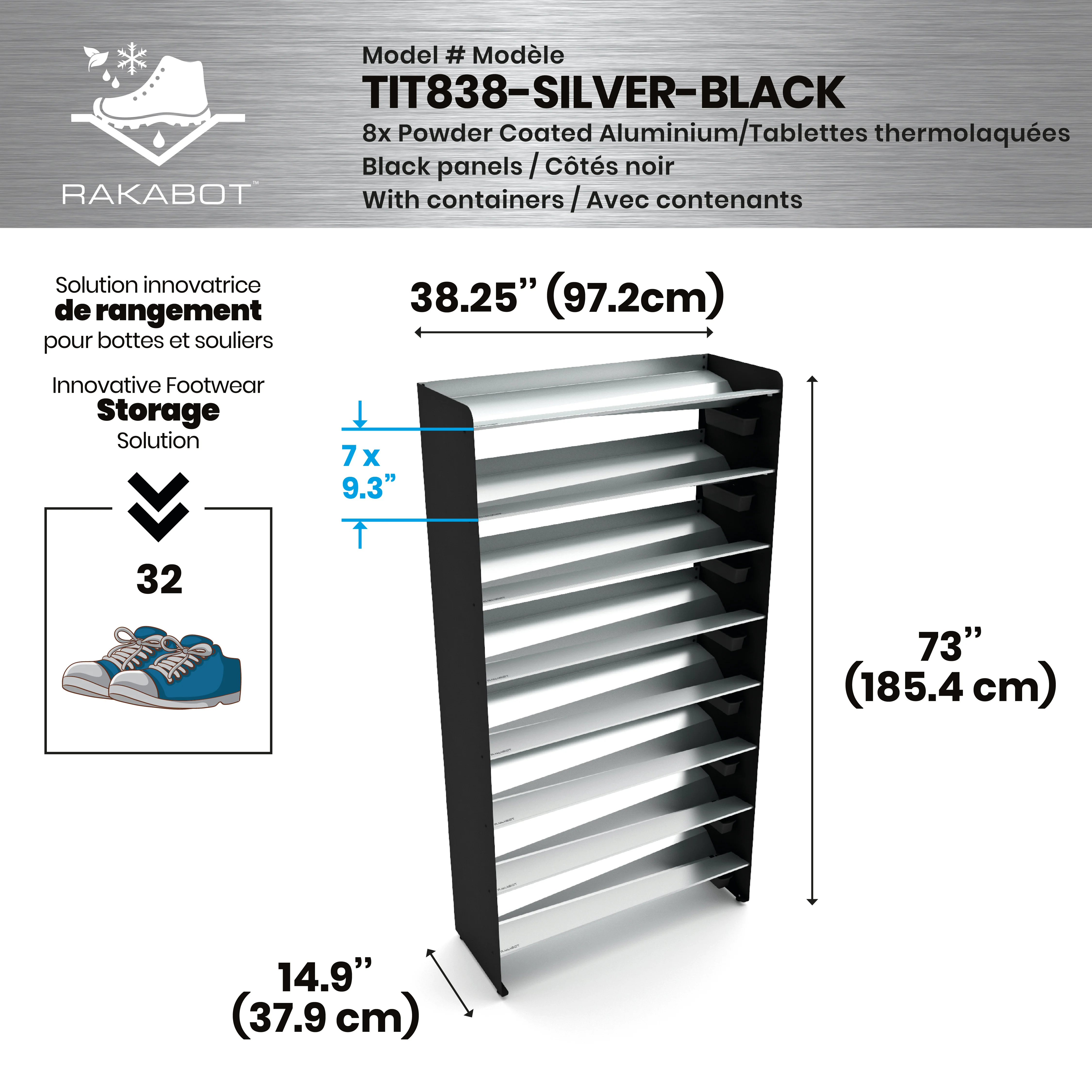 Commercial Boot Rack 38" wide - Rustproof Channeling Water Into Containers 2 to 8 Shelves Rakabot Titan - Image 118