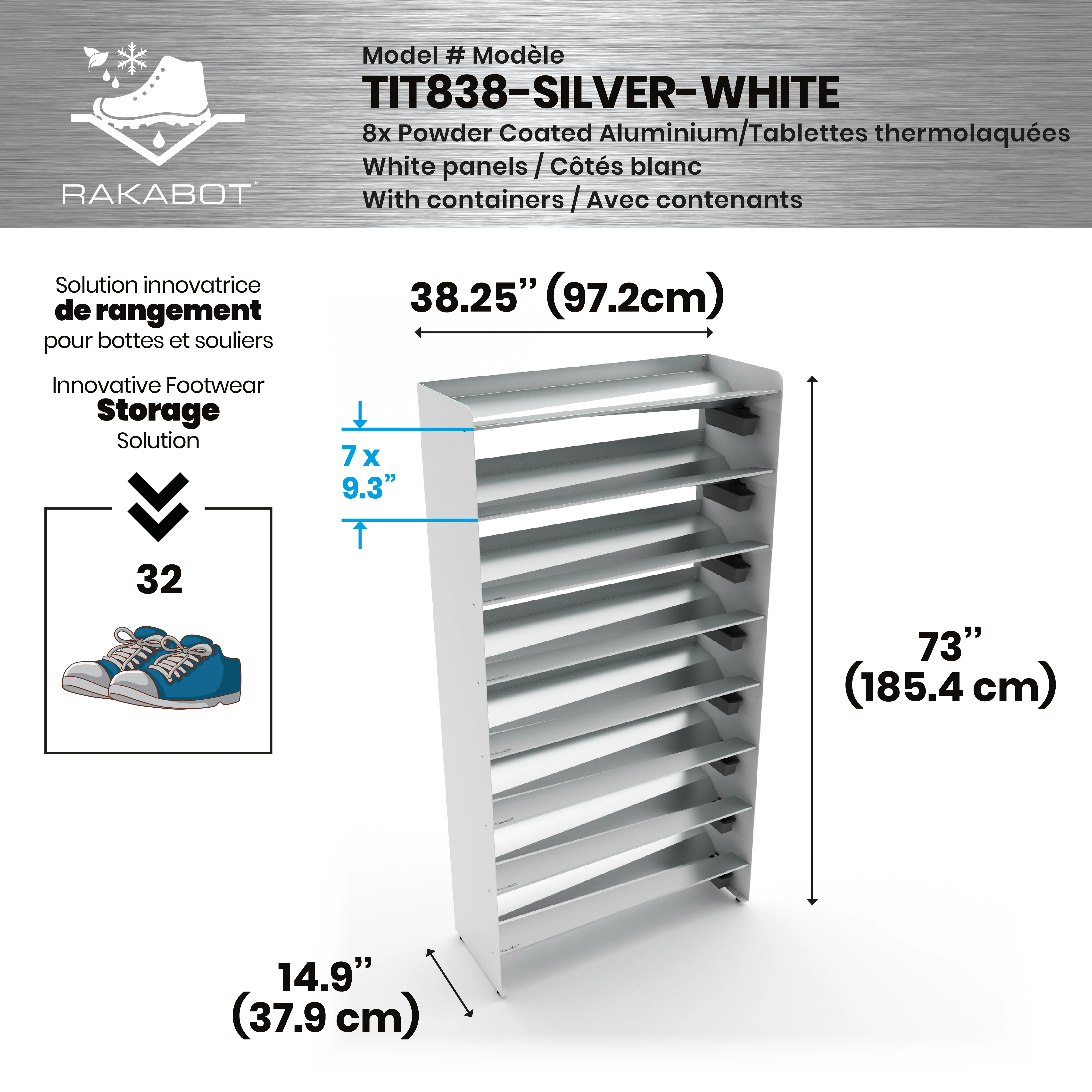 Commercial Boot Rack 38" wide - Rustproof Channeling Water Into Containers 2 to 8 Shelves Rakabot Titan - Image 119