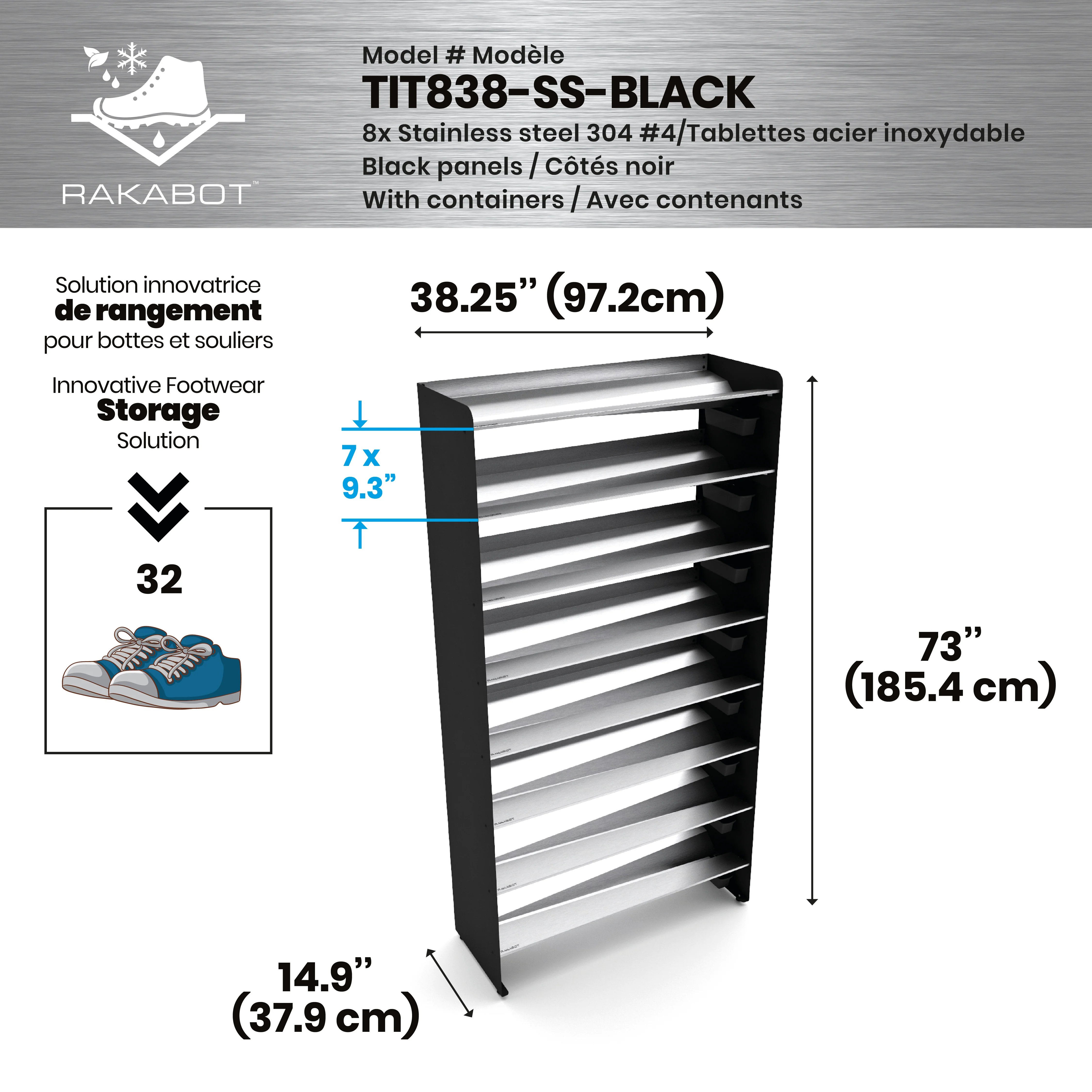 Commercial Boot Rack 38" wide - Rustproof Channeling Water Into Containers 2 to 8 Shelves Rakabot Titan - Image 120
