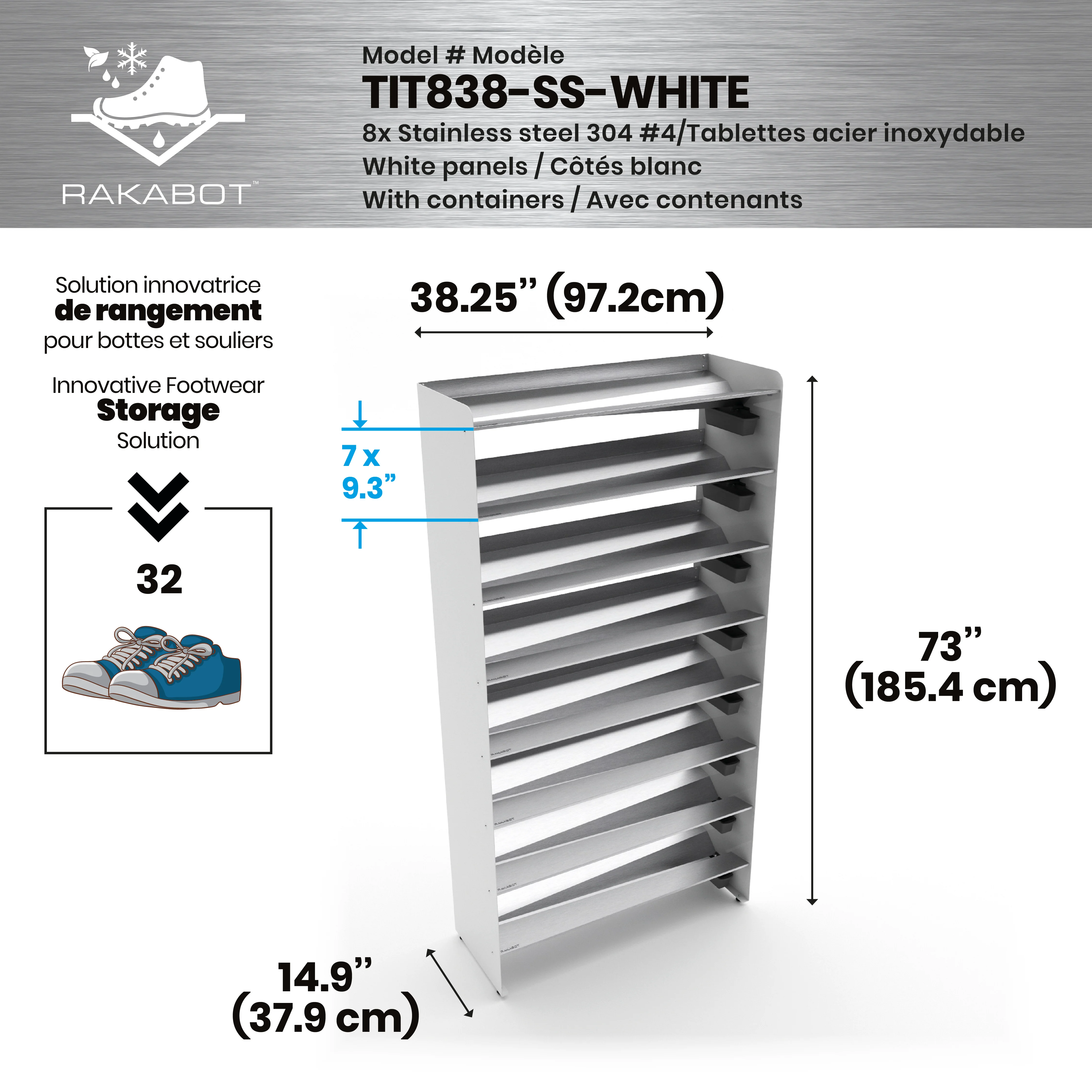 Commercial Boot Rack 38" wide - Rustproof Channeling Water Into Containers 2 to 8 Shelves Rakabot Titan - Image 121
