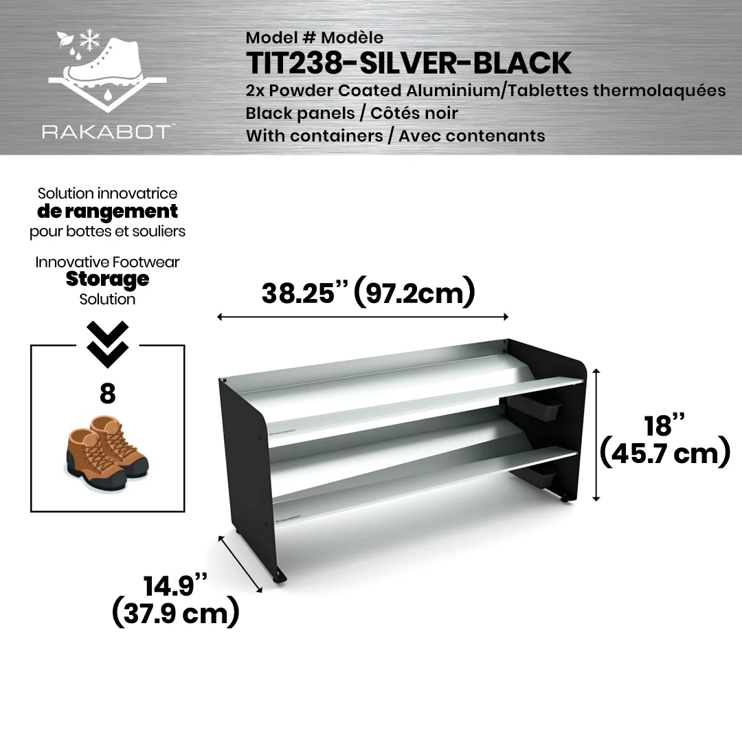 Commercial Boot Rack 38" wide - Rustproof Channeling Water Into Containers 2 to 8 Shelves Rakabot Titan - Image 65