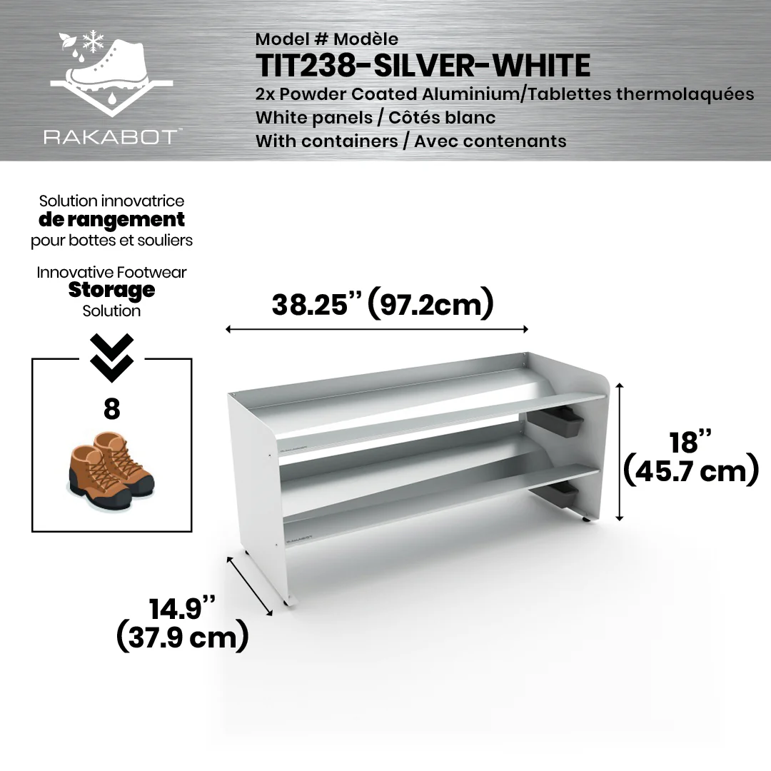 Commercial Boot Rack 38" wide - Rustproof Channeling Water Into Containers 2 to 8 Shelves Rakabot Titan - Image 66