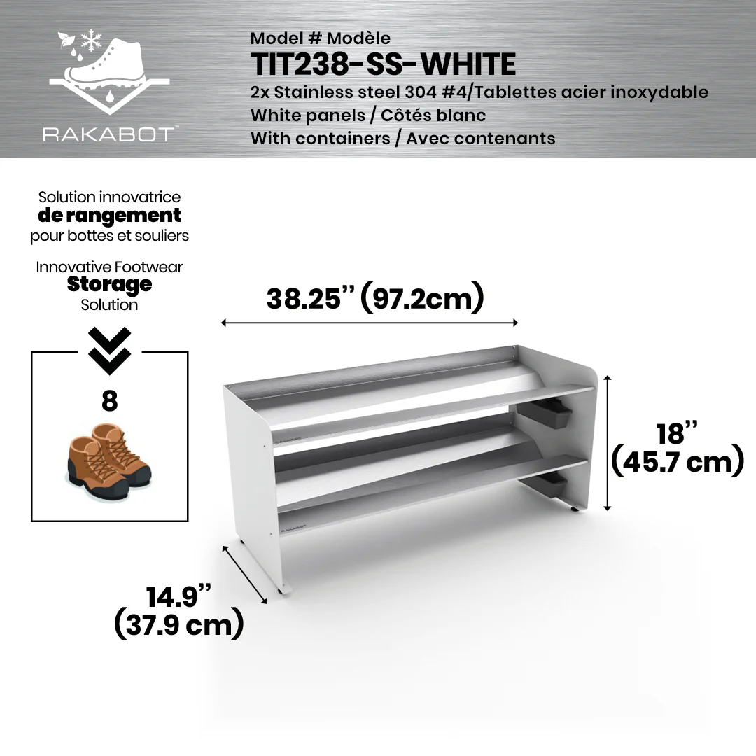 Commercial Boot Rack 38" wide - Rustproof Channeling Water Into Containers 2 to 8 Shelves Rakabot Titan - Image 69