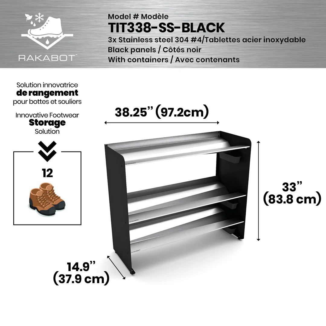 Commercial Boot Rack 38" wide - Rustproof Channeling Water Into Containers 2 to 8 Shelves Rakabot Titan - Image 72