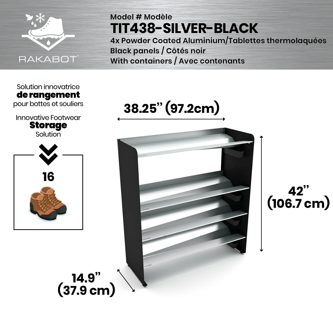 Commercial Boot Rack 38" wide - Rustproof Channeling Water Into Containers 2 to 8 Shelves Rakabot Titan - Image 74