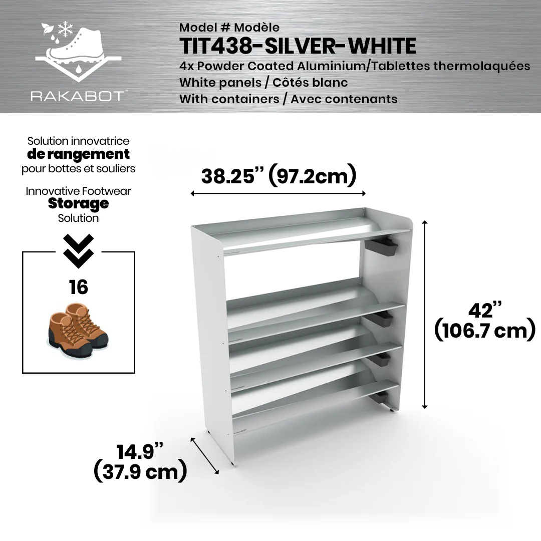 Commercial Boot Rack 38" wide - Rustproof Channeling Water Into Containers 2 to 8 Shelves Rakabot Titan - Image 75