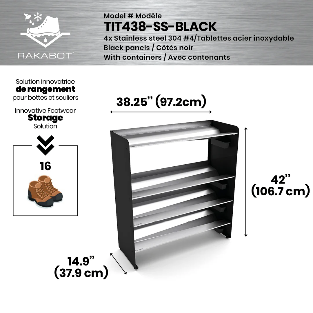 Commercial Boot Rack 38" wide - Rustproof Channeling Water Into Containers 2 to 8 Shelves Rakabot Titan - Image 76