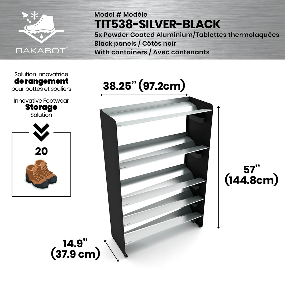 Commercial Boot Rack 38" wide - Rustproof Channeling Water Into Containers 2 to 8 Shelves Rakabot Titan - Image 78