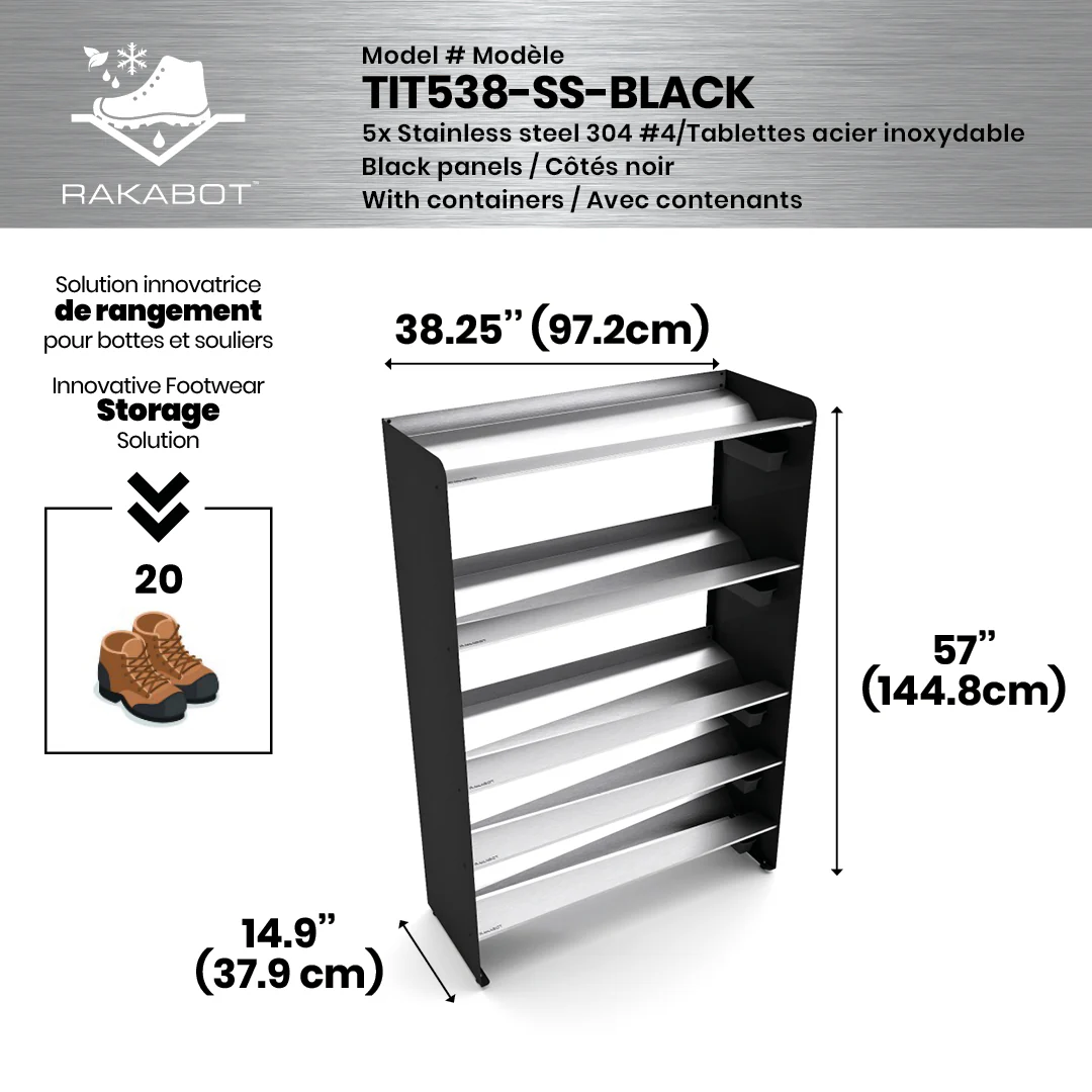 Commercial Boot Rack 38" wide - Rustproof Channeling Water Into Containers 2 to 8 Shelves Rakabot Titan - Image 80